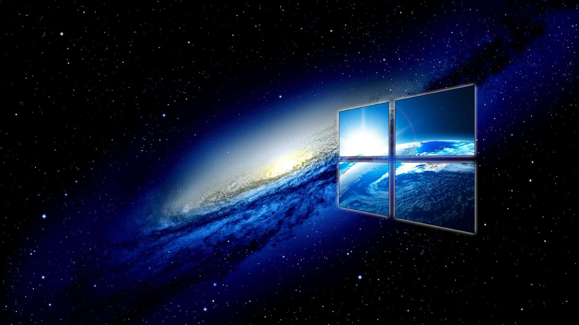 Cool Windows Desktop 桌布 壁紙 — 一個發光的Windows標誌窗戶，在深邃的太空中以鮮豔的藍色螺旋星系為背景，框住地球。