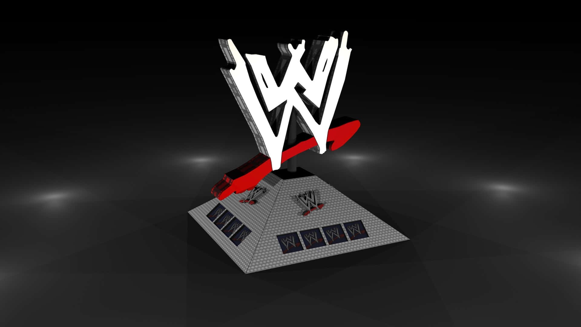 WWE 桌布 壁紙 — 一個發光的WWE標誌雕塑，帶有紅色和白色元素，矗立在灰色底座上，背景為深色漸變。