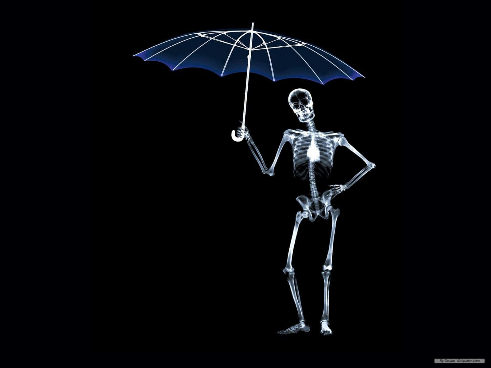 X Ray 桌布 壁紙 — 一個發光的X光骨架自信地站立，手持一把藍色雨傘，背景為黑色。