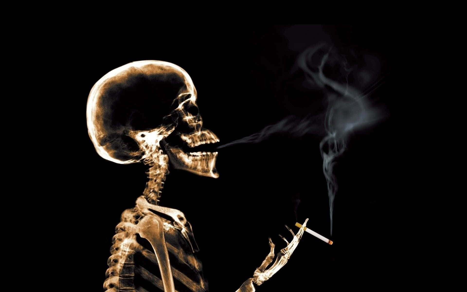 Halloween Skeleton 桌布 壁紙 — 一個發光的X光骷髏在黑色背景上抽煙，煙霧向上繚繞。