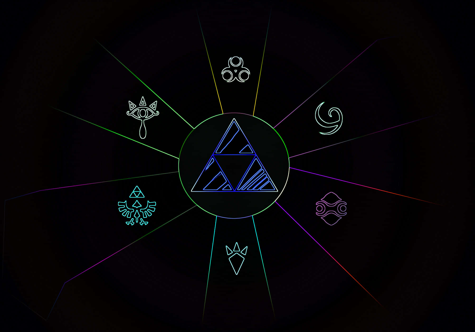triforce 桌布 壁紙 — 一個發光的三角力量符號向神秘符號放射出彩色線條，背景為深色。