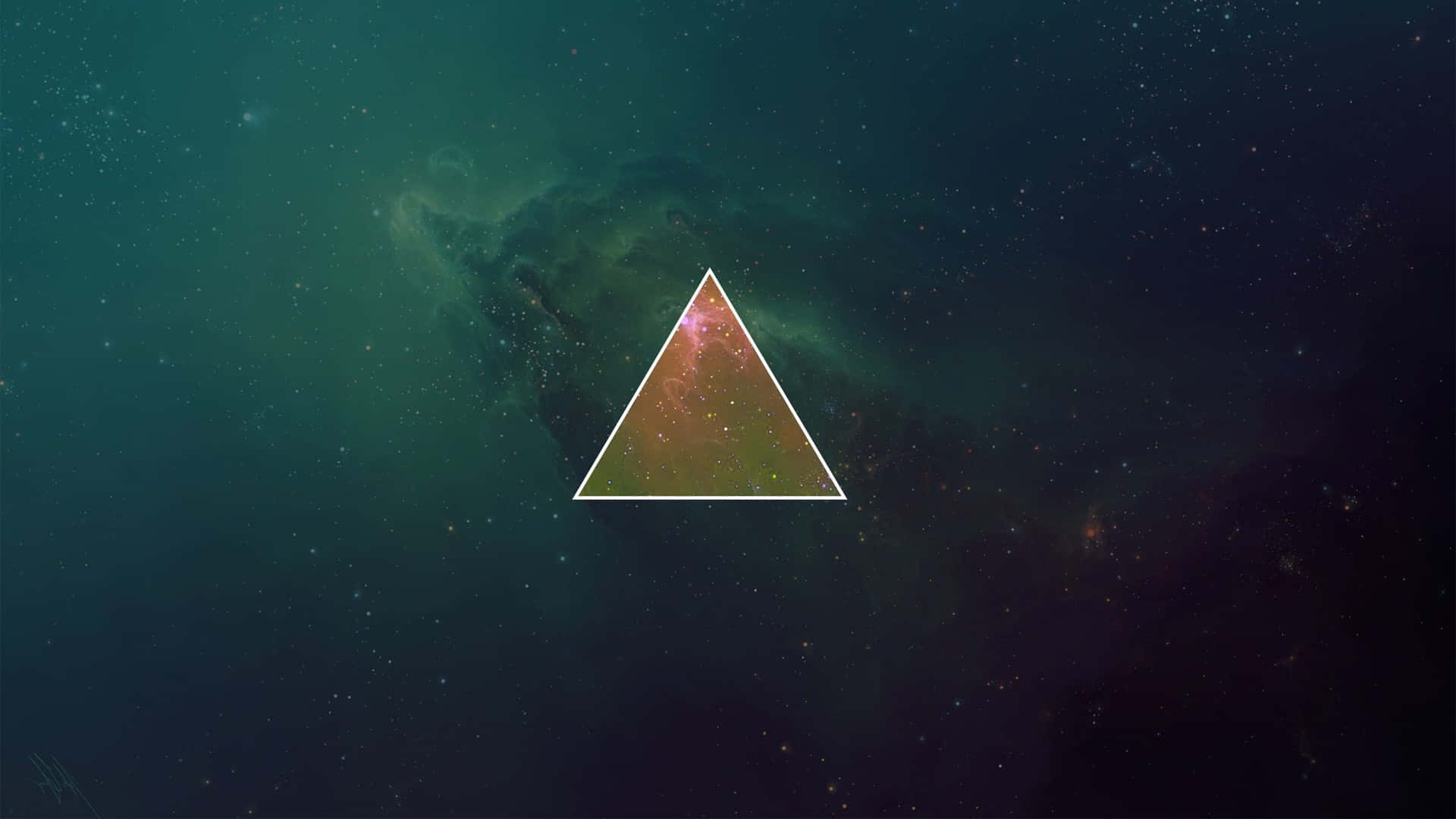 Minimalist Abstract 桌布 壁紙 — 一個發光的三角形框住一個充滿活力的星雲，背景是星光閃爍的藍綠色和黑色宇宙。