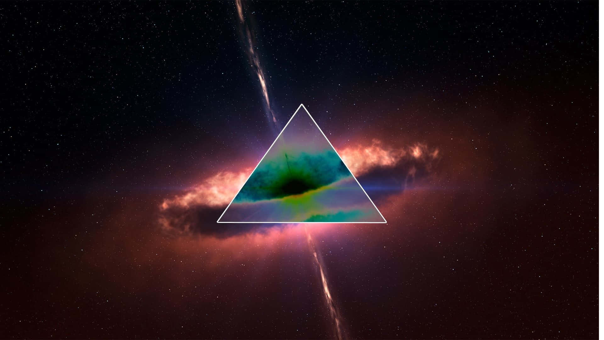 桌布 壁紙 — 一個發光的三角形框住一個宇宙星雲，背景是繁星點點的夜空，有耀眼的光束穿透而過。