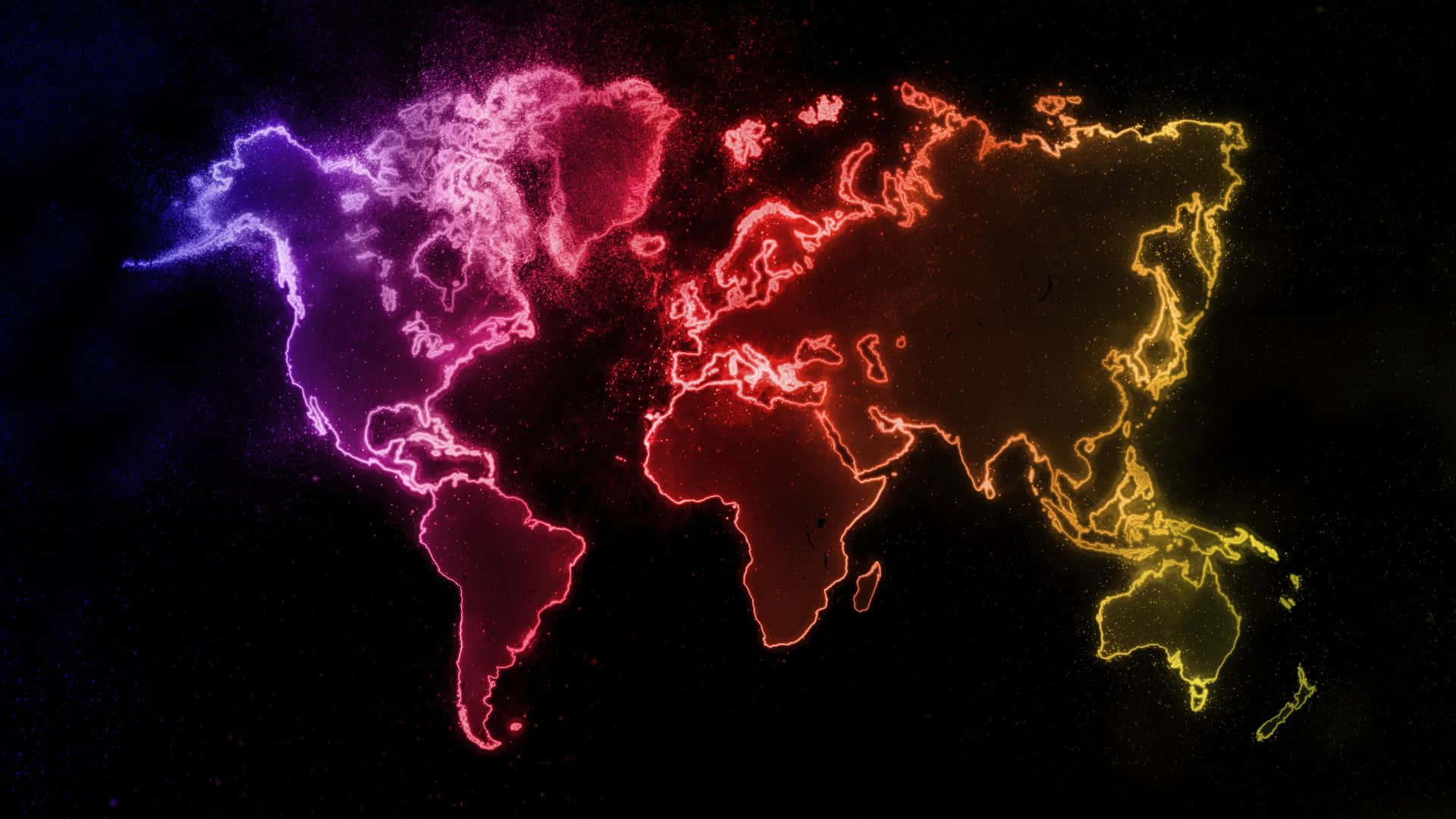世界地圖 桌布 壁紙 — 一個發光的世界地圖，帶有電光紫和火橙色的霓虹輪廓，背景是繁星點點的黑色。