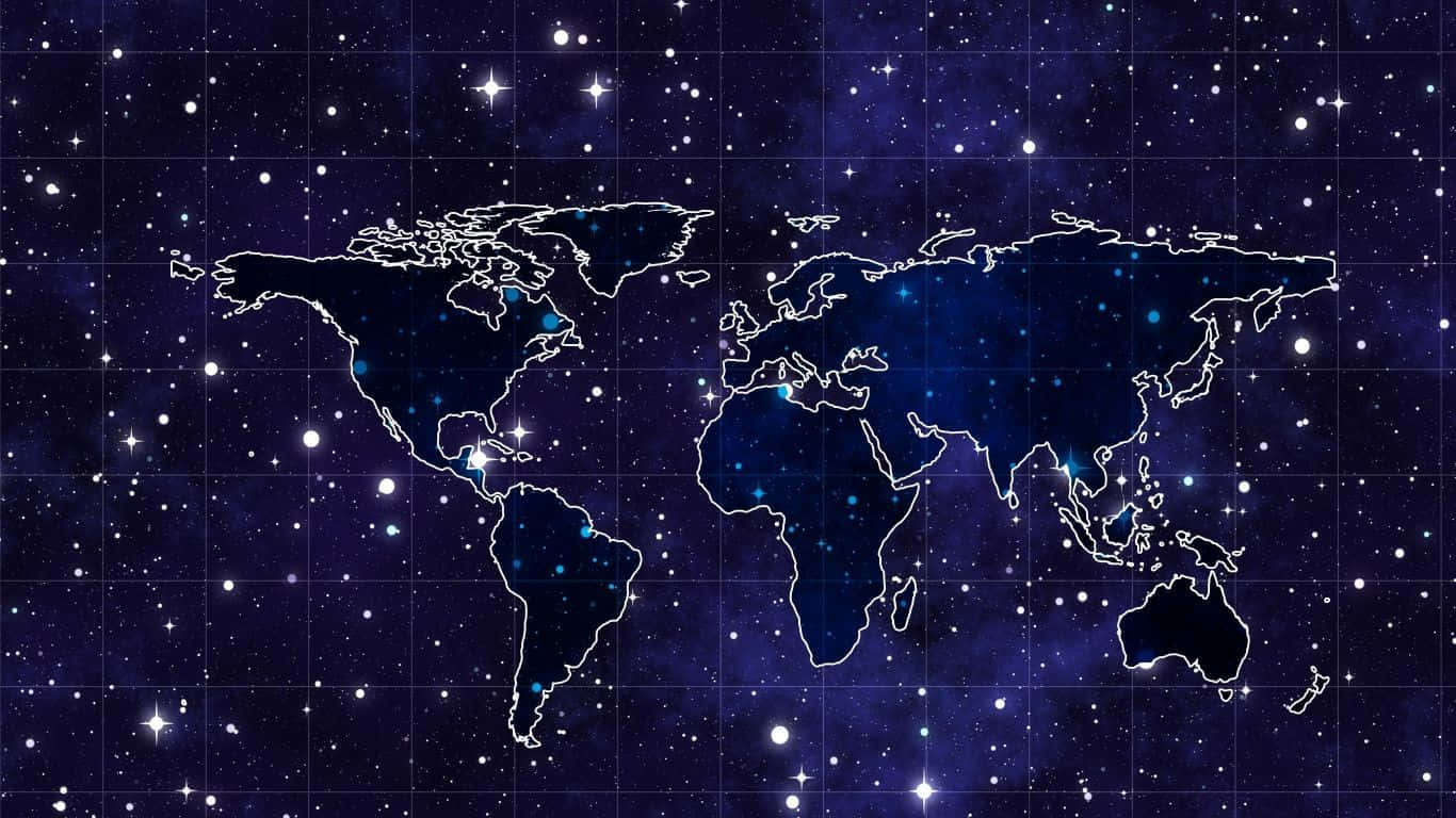 美學 桌布 壁紙 — 一個發光的世界地圖輪廓漂浮在帶有網格線和閃爍星星的星空宇宙背景上。