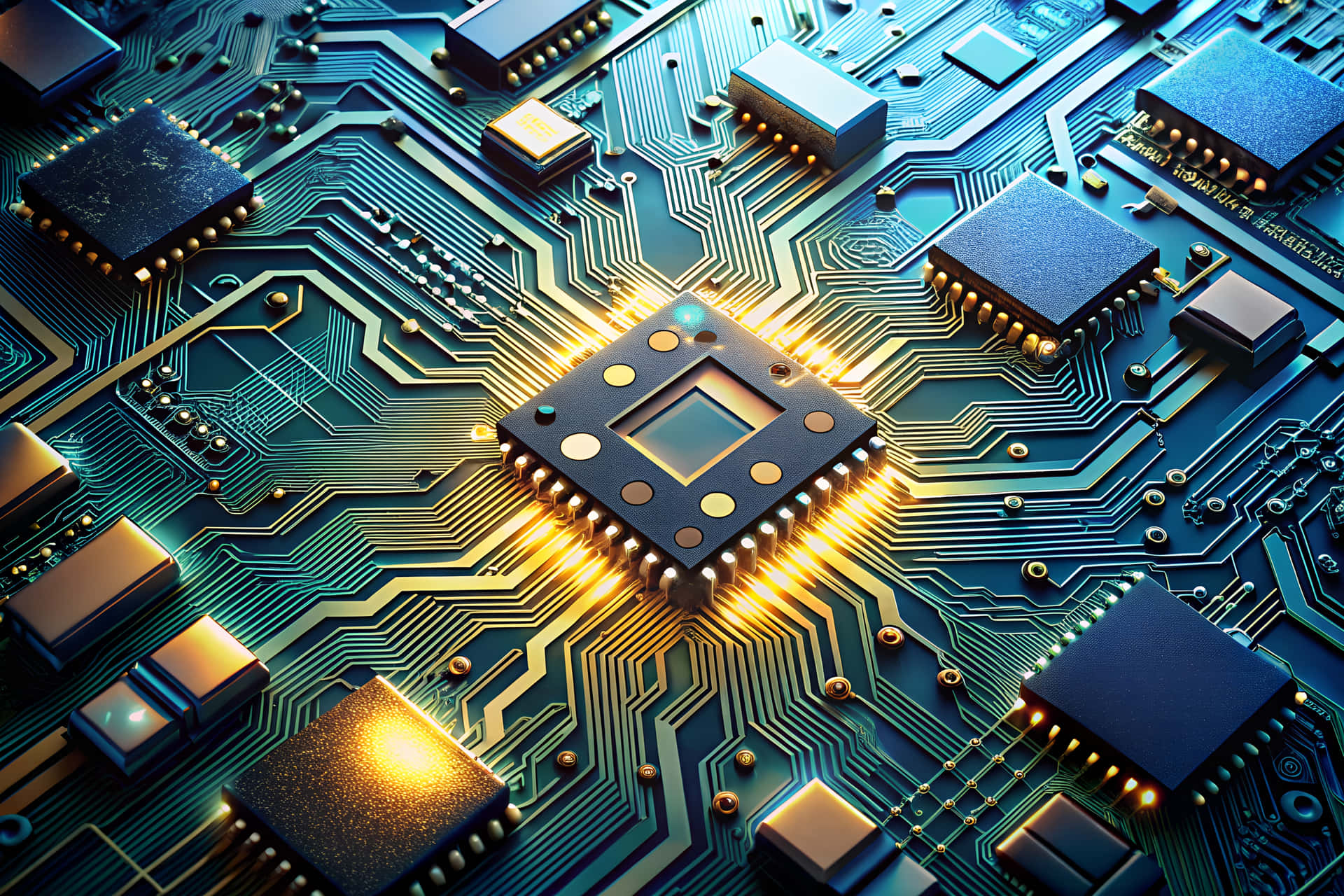 Microchip 壁紙 — 一個發光的中央處理器晶片在帶有複雜線路和周圍元件的青綠色電路板上散發出金色光芒。