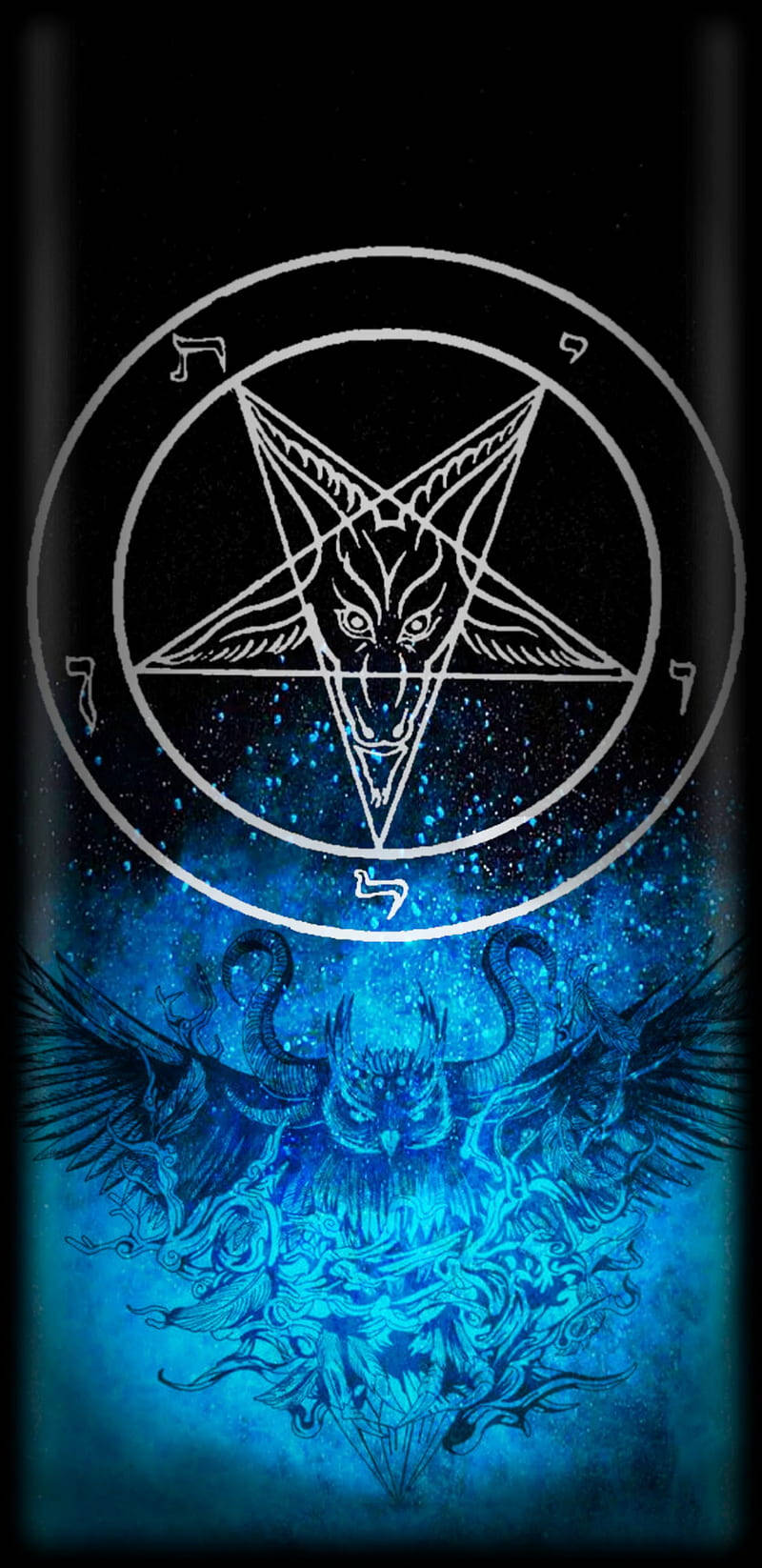 Pentagram 桌布 壁紙 — 一個發光的五角星，中心有一個山羊頭人形，位於一個圓圈內，下方有一個惡魔般的帶翼生物，背景是宇宙藍色星雲。