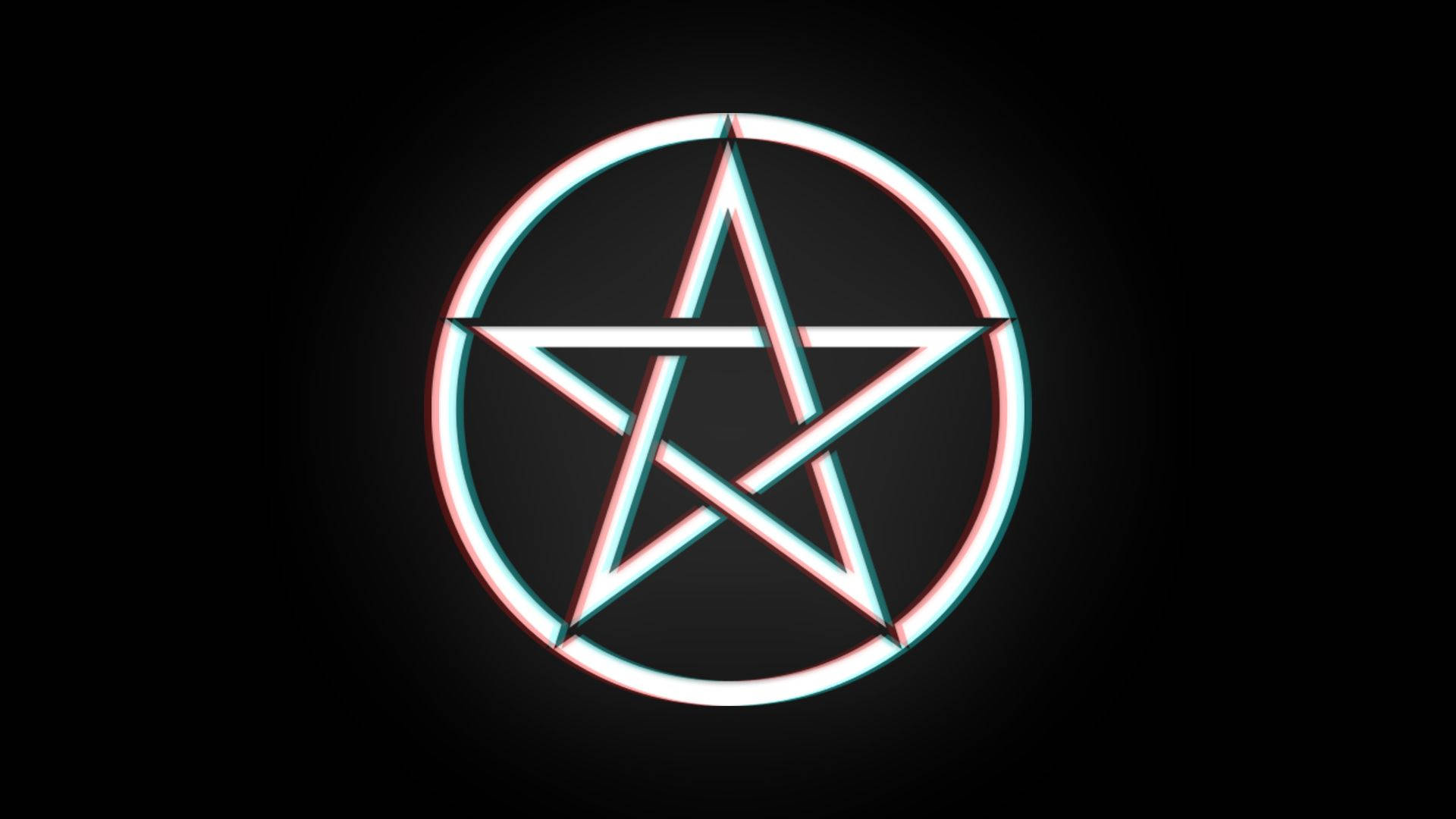 Pentagram 桌布 壁紙 — 一個發光的五角星，帶有紅色和青色的霓虹輪廓，位於黑暗虛空中央。