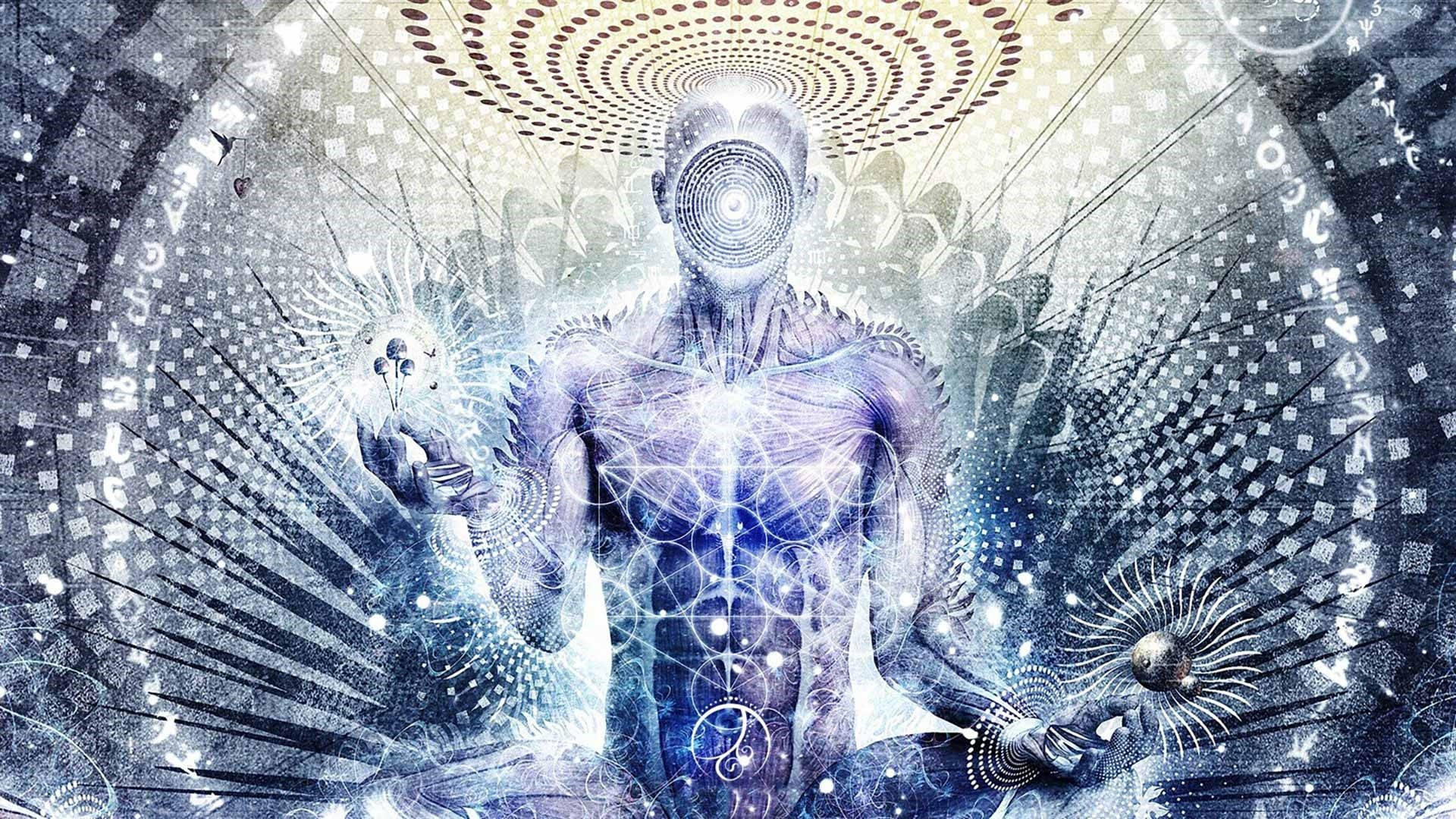 藝術 桌布 壁紙 — 一個發光的人形人物，帶有螺旋眼睛和能量線條，在帶有幾何圖案和漂浮符號的宇宙背景下散發光芒。