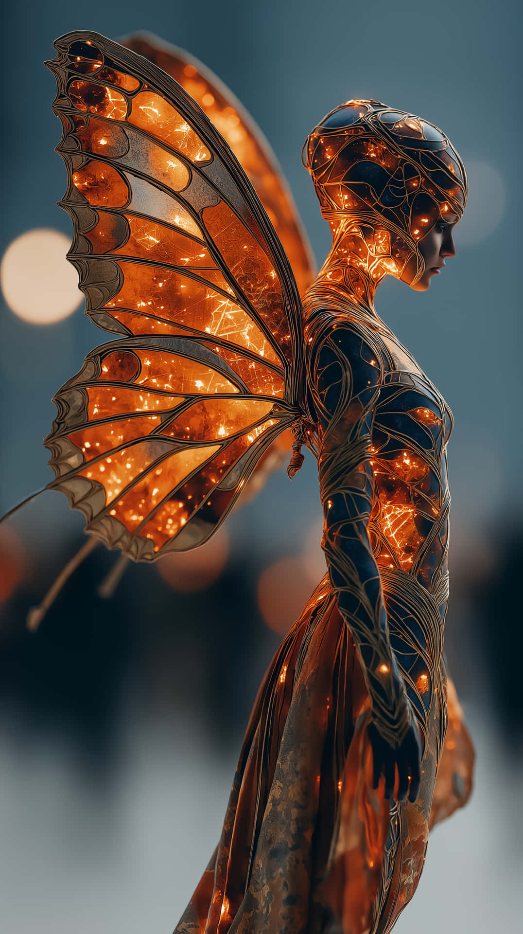 Glowing Monarch Butterfly Fairy with Intricate Patterns 壁紙 — 一個發光的人形人物，帶有複雜的金色翅膀和全身發光的電路圖案，側面站立在柔和的模糊背景前。
