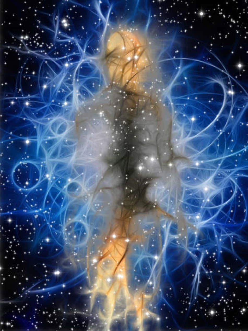 靈魂 桌布 壁紙 — 一個發光的人形剪影從宇宙絲狀結構中浮現，背景是帶有旋轉藍色能量和金色光芒的星場。
