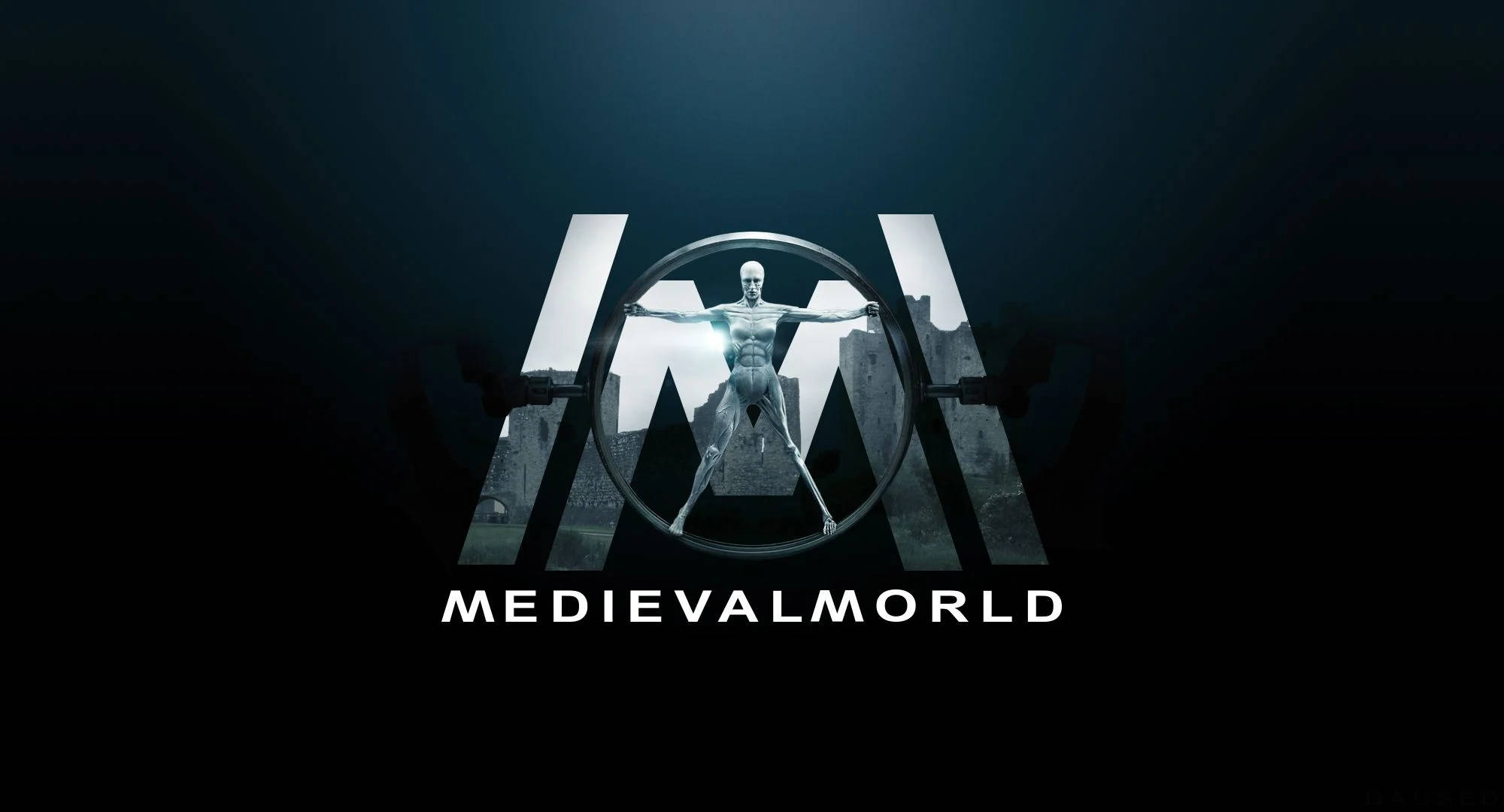 Westworld 桌布 壁紙 — 一個發光的人形圖案站在字母 'M' 和 'W' 內的圓形框架中，背景為深色，下方有文字 'MEDIEVALWORLD'。