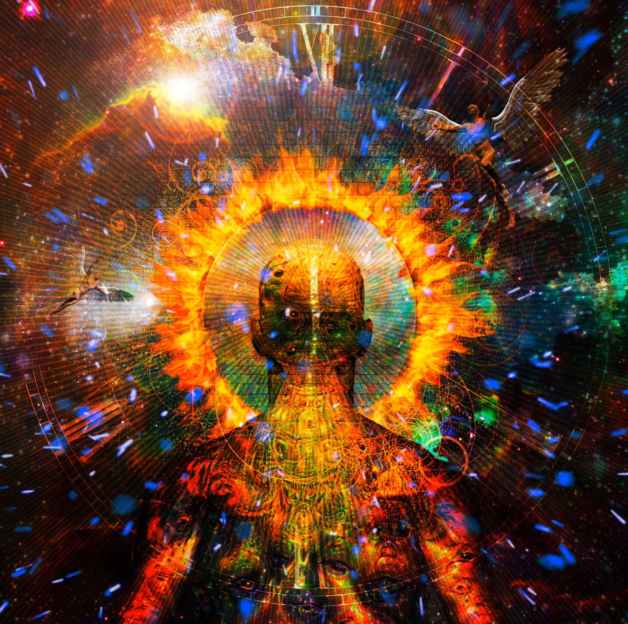 Light 桌布 壁紙 — 一個發光的人形身影，帶有發光的眼睛和火焰光環，從宇宙能量中出現，周圍有漂浮的天使和碎形圖案。