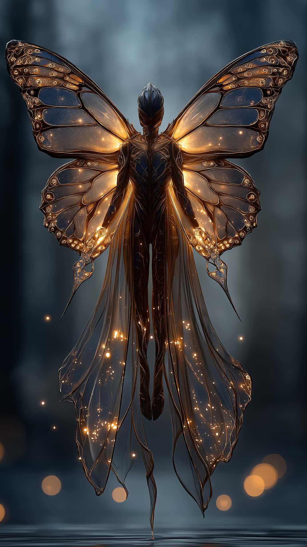 Ethereal Butterfly Being with Luminous Wings and Sparkles 壁紙 — 一個發光的人形身影，帶有精緻的蝴蝶翅膀，在黑暗霧氣背景中散發溫暖光芒，並有散景燈光。