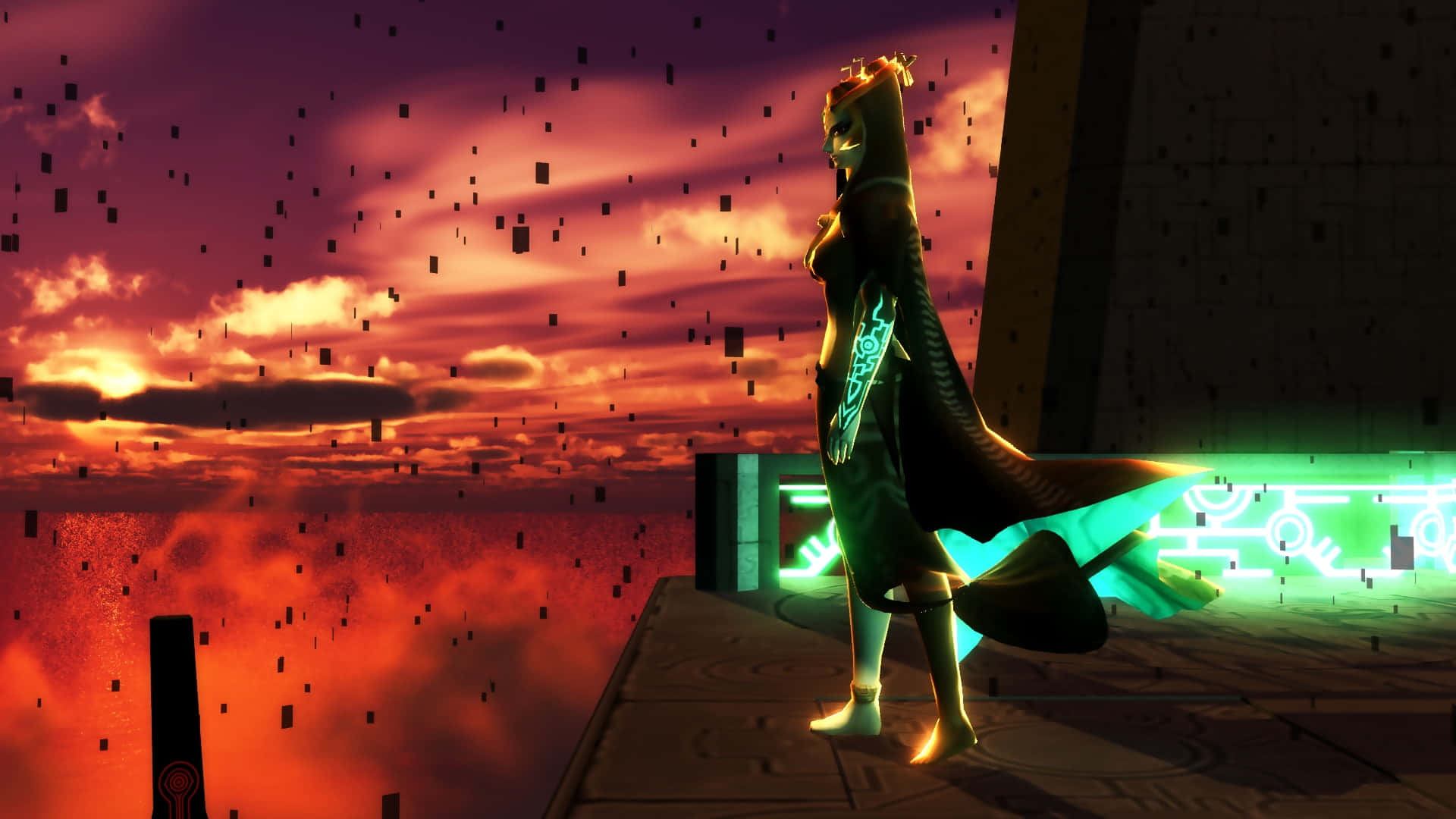 The Legend Of Zelda Midna 桌布 壁紙 — 一個發光的人形身影站在平台上，背景是熾熱的日落天空，漂浮著數位方塊。