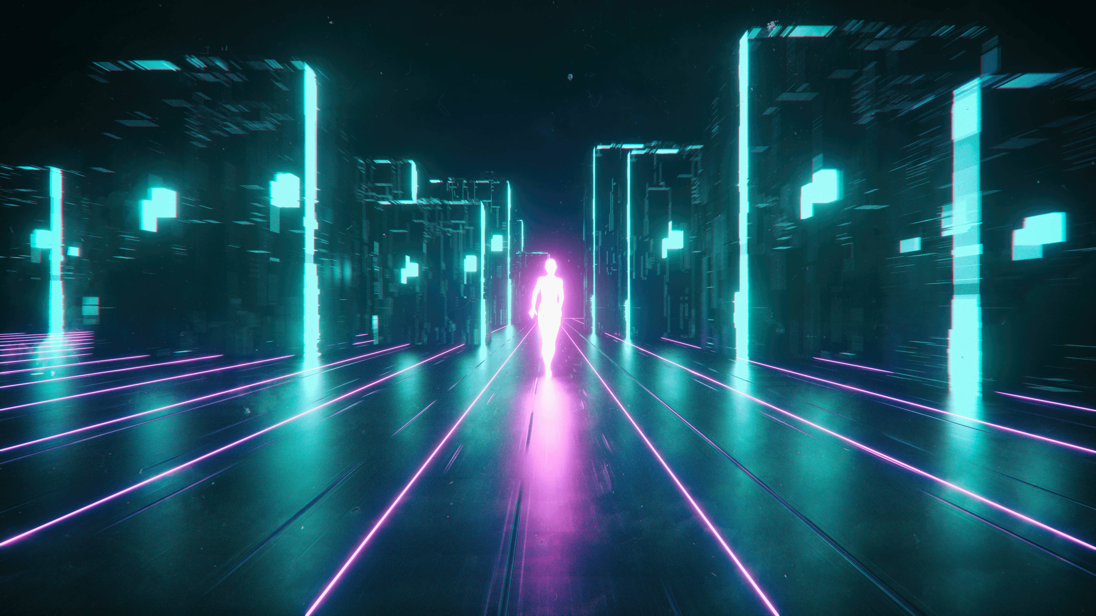 Outrun 桌布 壁紙 — 一個發光的人形身影走在一條霓虹燈照亮的數位走廊上，兩旁是高聳的發光結構，上方是繁星點點的夜空。