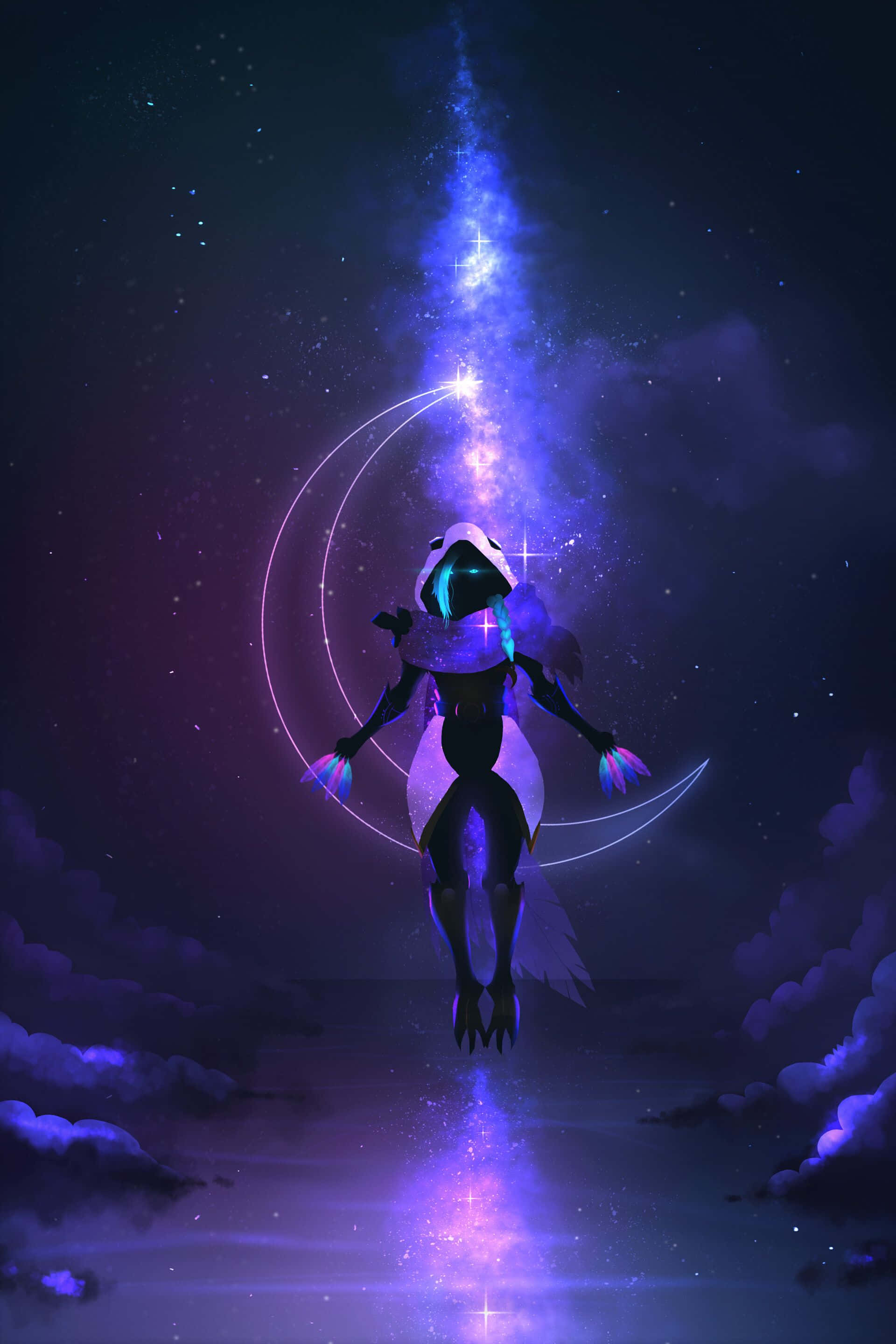 Dope Fortnite 桌布 壁紙 — 一個發光的人形身影長有翅膀，在彎月和宇宙光束下漂浮在雲層之上。