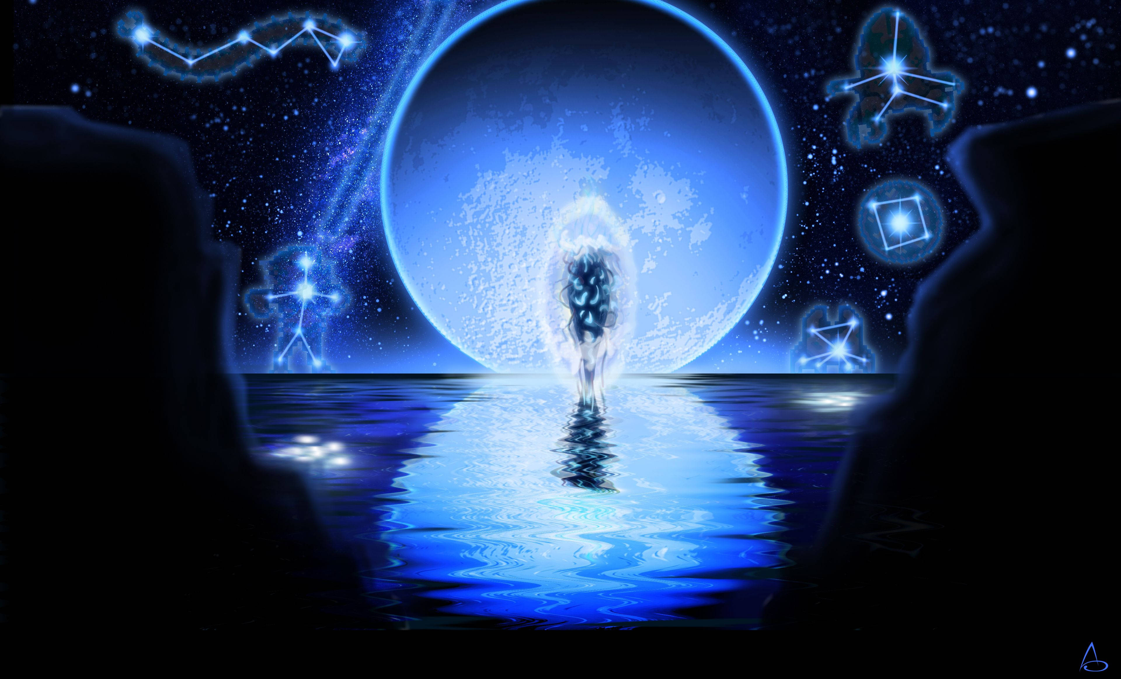 Terraria Moon Lord 桌布 壁紙 — 一個發光的人影站在水中，下方是巨大的藍色月亮，周圍漂浮著星座，構成宇宙夜景。