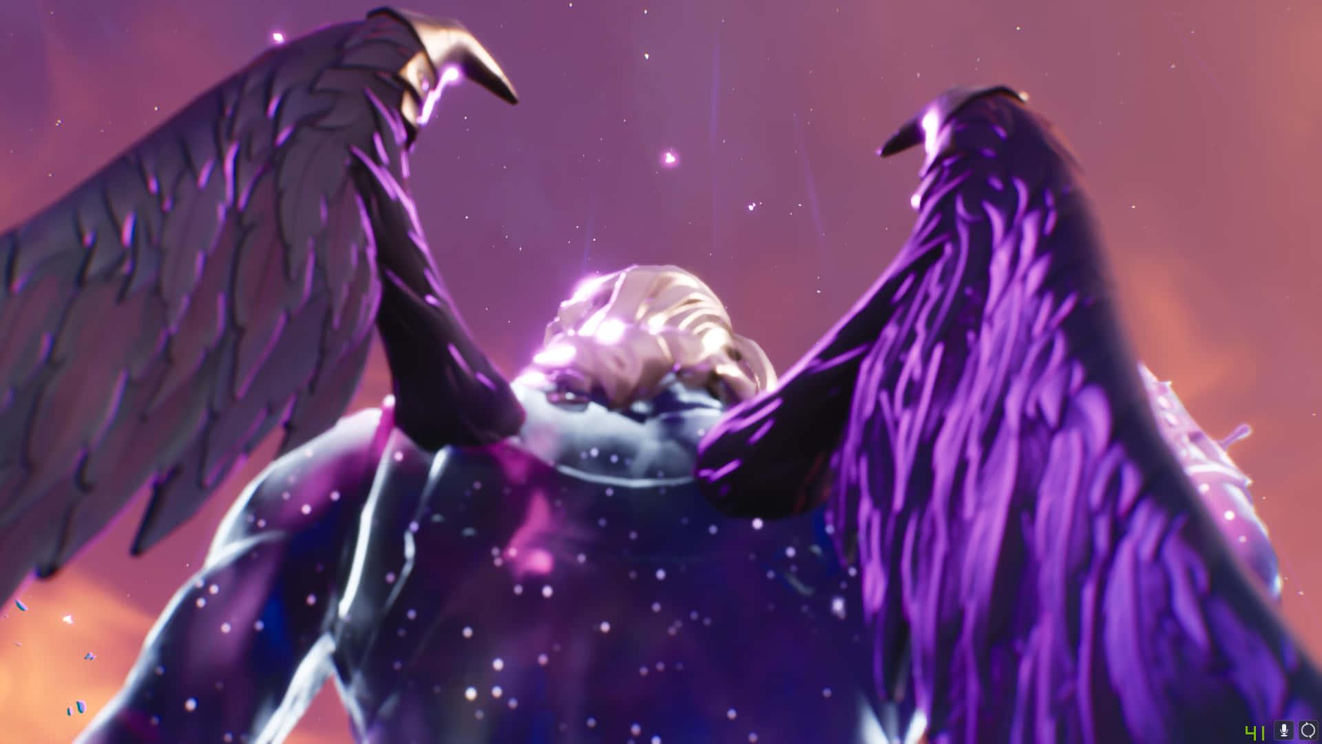 Fortnite 桌布 壁紙 — 一個發光的人物，擁有巨大的紫色翅膀，在星光燦爛的暮色天空中展開。