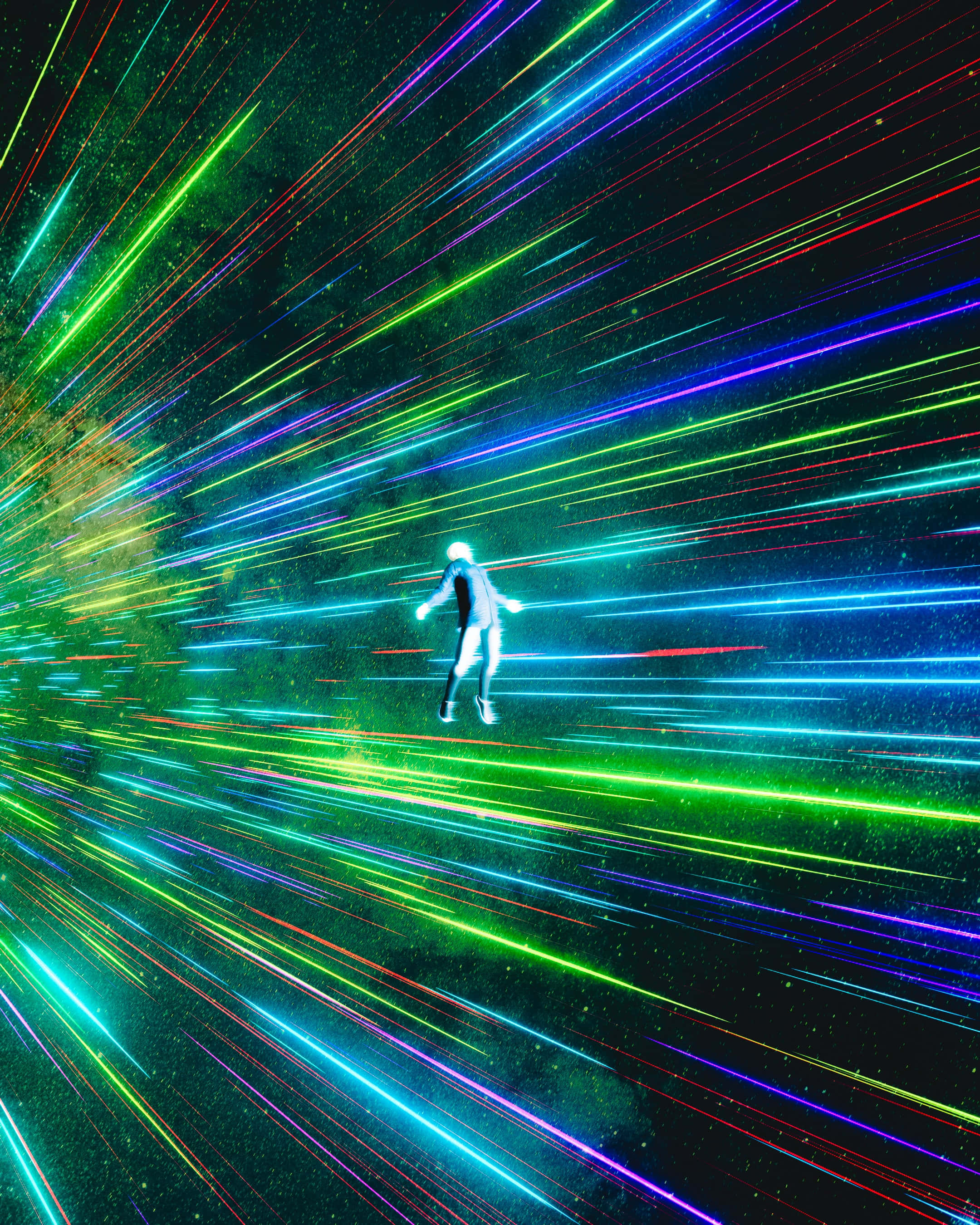 Laser 桌布 壁紙 — 一個發光的人物漂浮在一個由流星般霓虹燈組成的宇宙隧道中，背景是星空虛空。