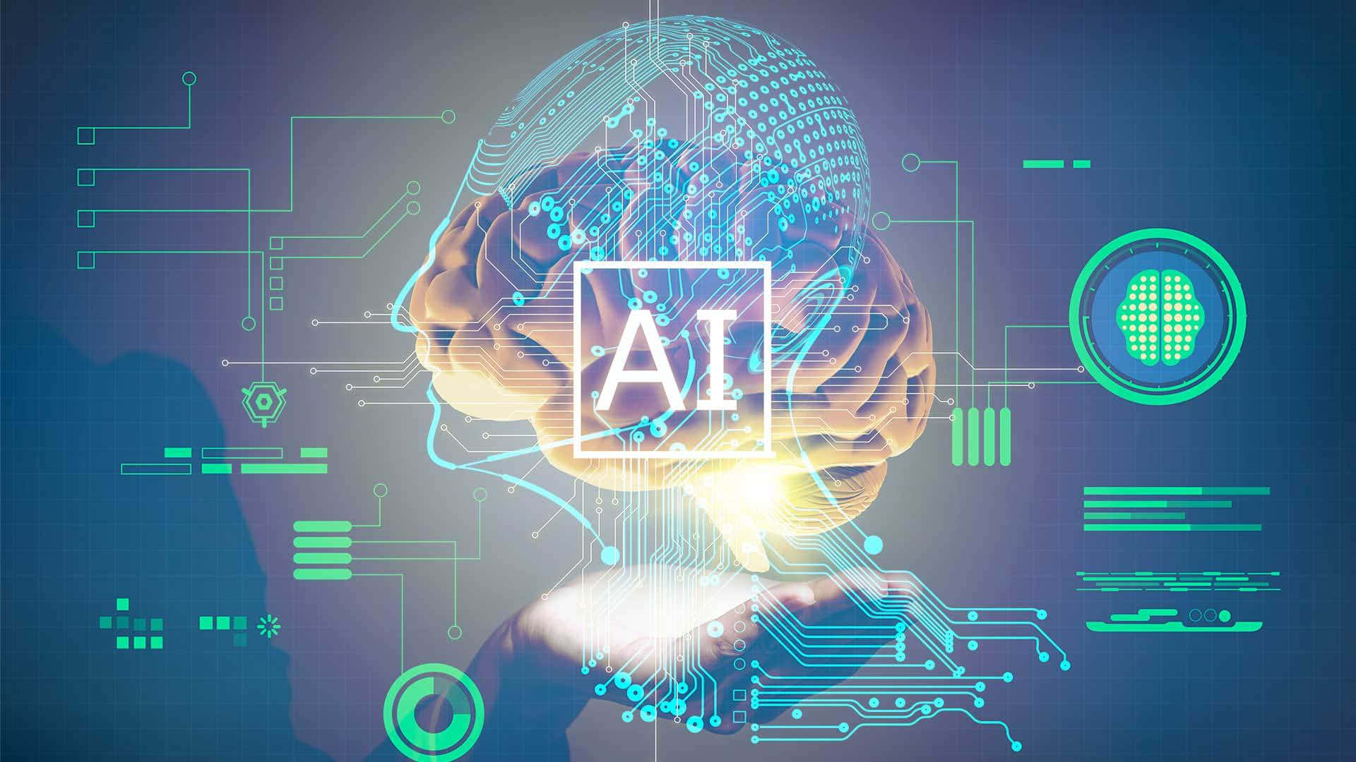 AI 桌布 壁紙 — 一個發光的人腦，上面覆蓋著發光的電路和AI符號，背景是數位藍色。