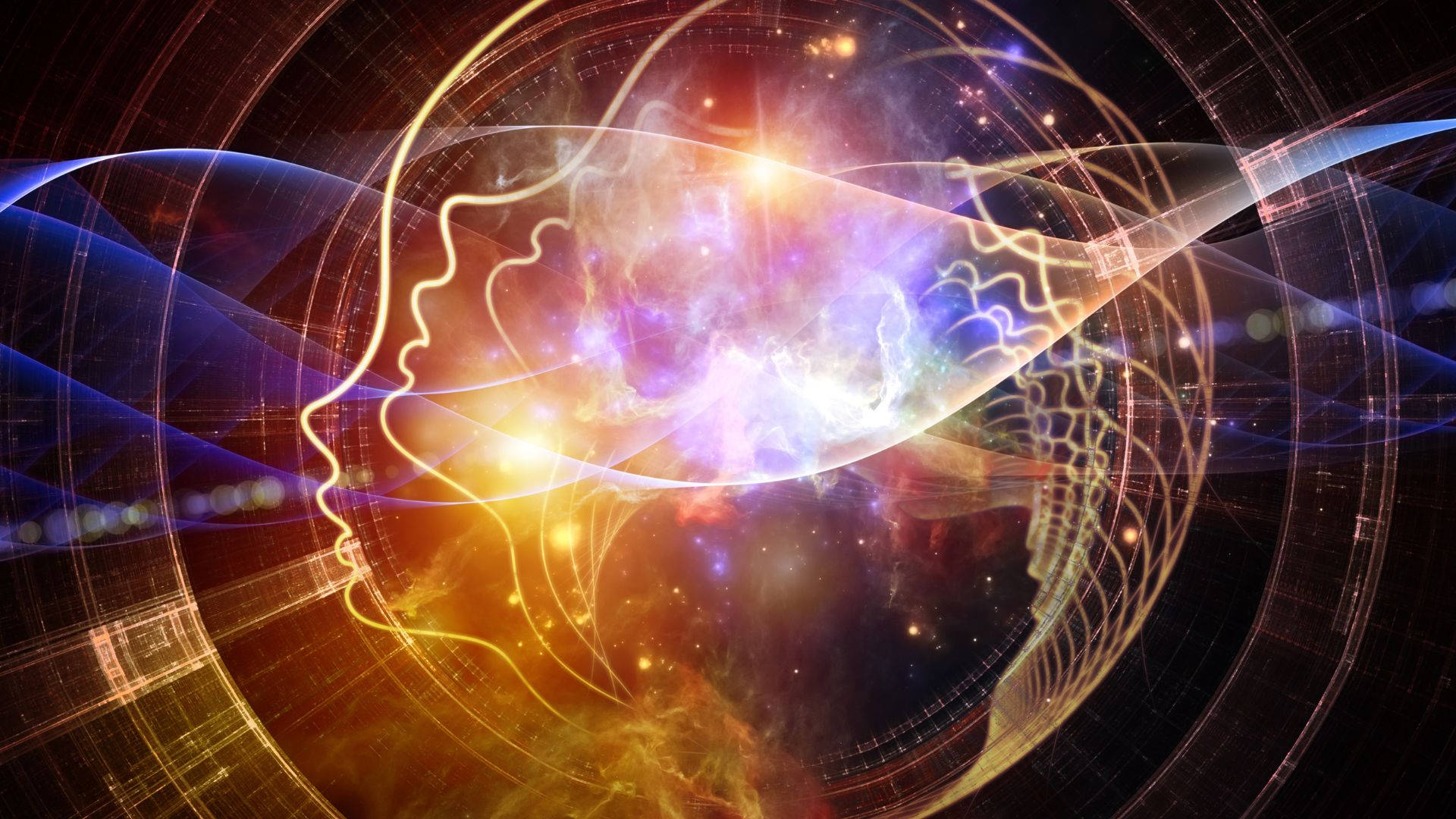 抽象 桌布 壁紙 — 一個發光的人類頭部剪影，充滿宇宙星雲和數位電路，背景是繁星點點的太空。