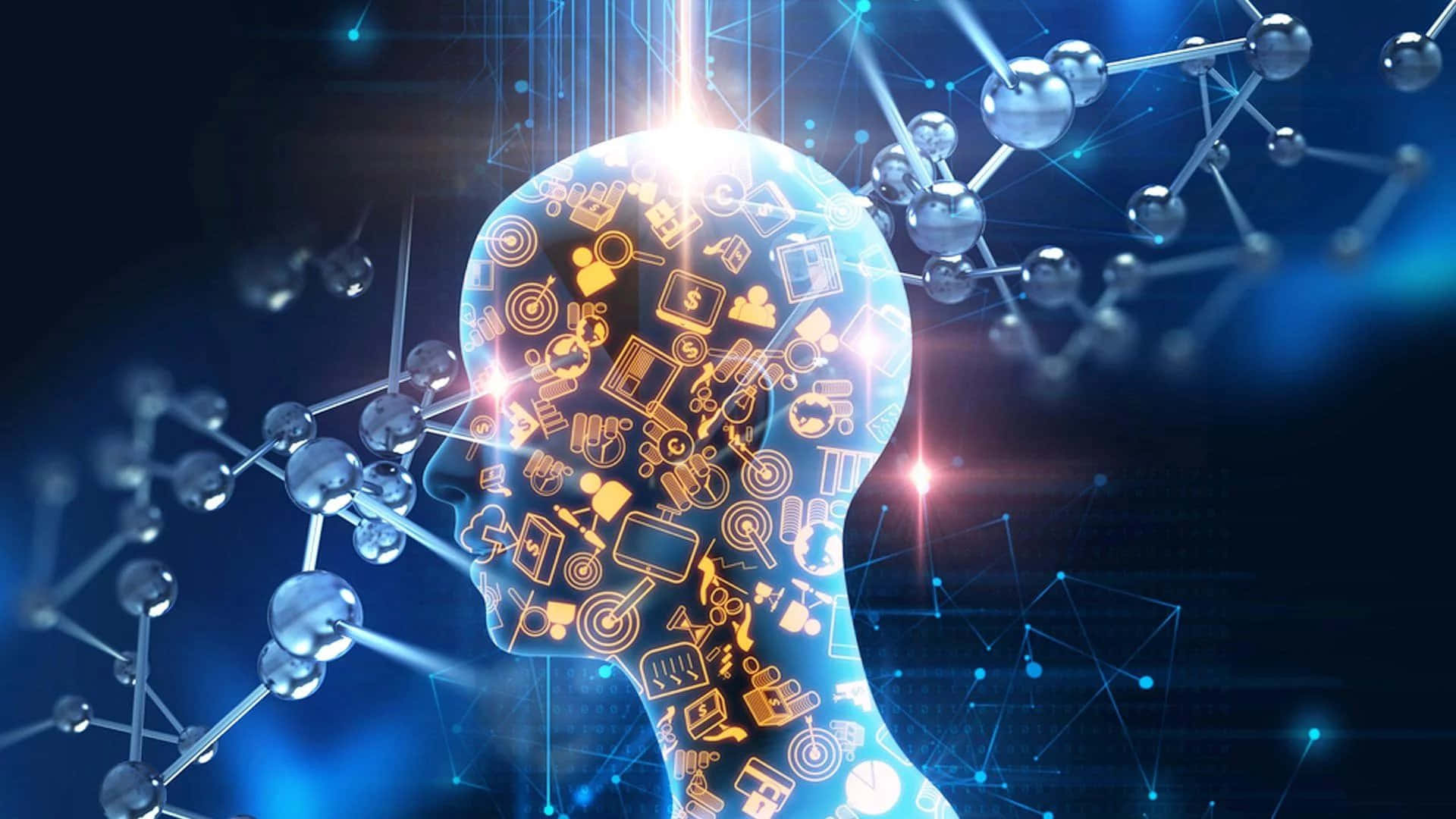 AI 桌布 壁紙 — 一個發光的人類頭部剪影，充滿數位圖標，周圍環繞分子結構和藍光。