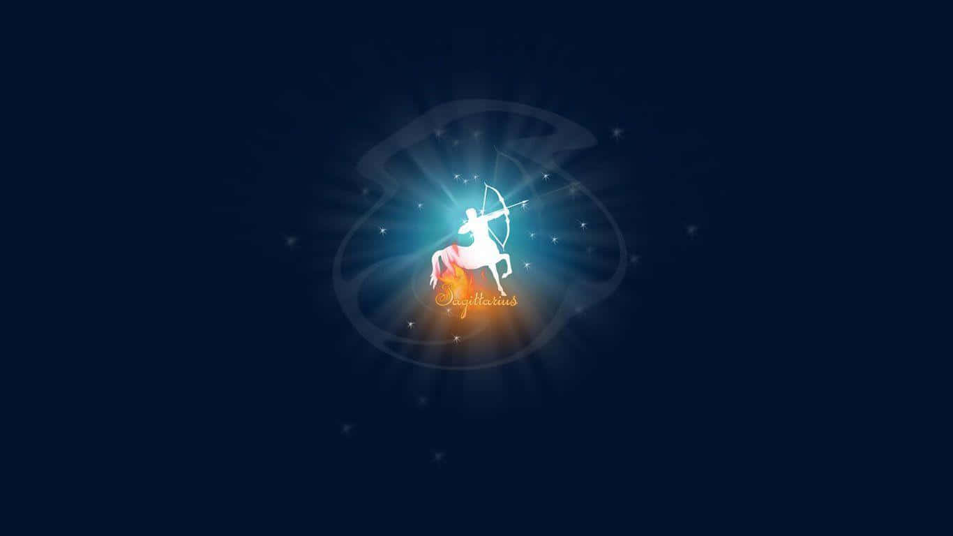 sagittarius 桌布 壁紙 — 一個發光的人馬座弓箭手騎在火馬上，在深藍色的星空夜晚中散發光芒。