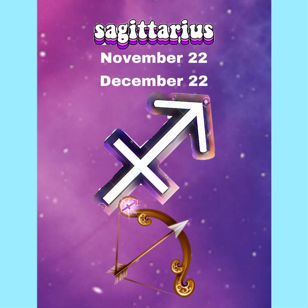 sagittarius 桌布 壁紙 — 一個發光的人馬座星座符號，帶有金色的弓和箭，漂浮在繁星點點的紫色宇宙背景上。
