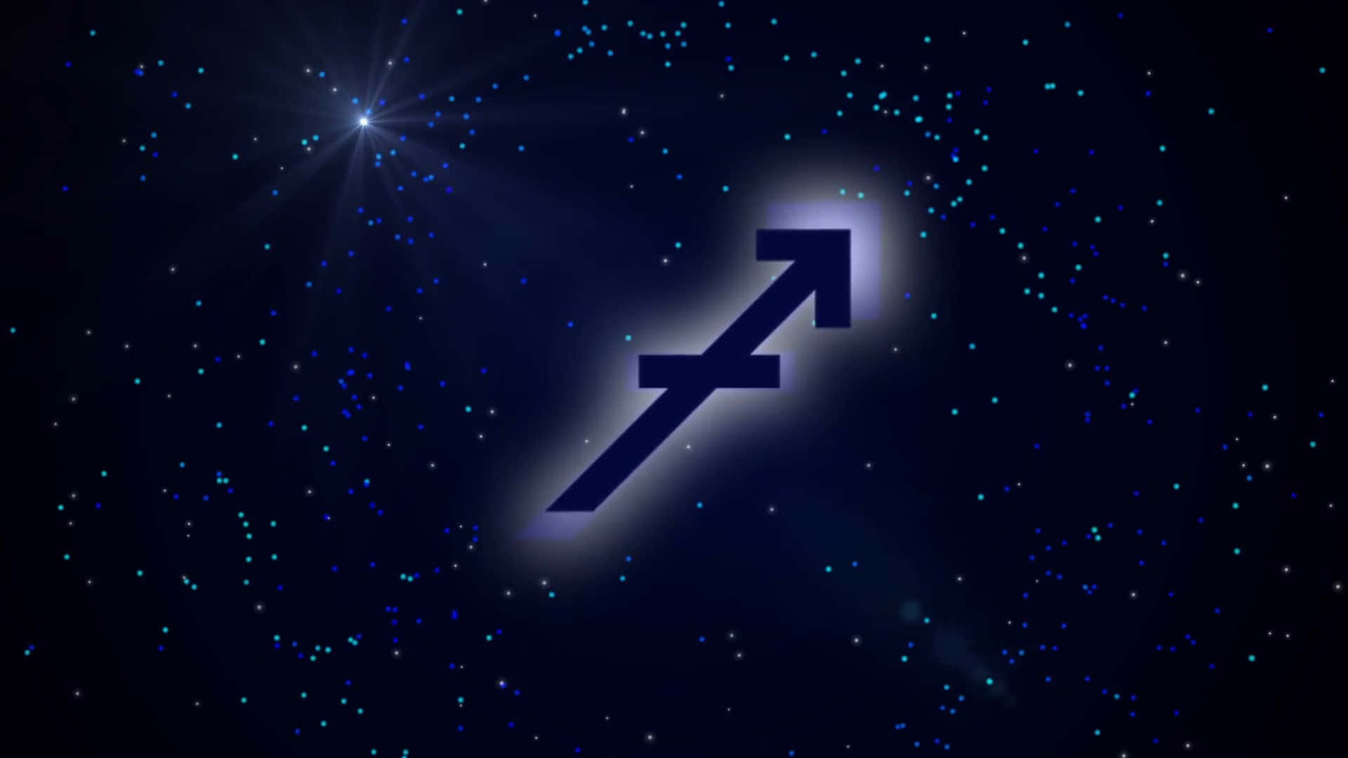 sagittarius 桌布 壁紙 — 一個發光的人馬座星座符號在繁星點點的夜空中閃耀，帶有光芒四射的星爆效果。