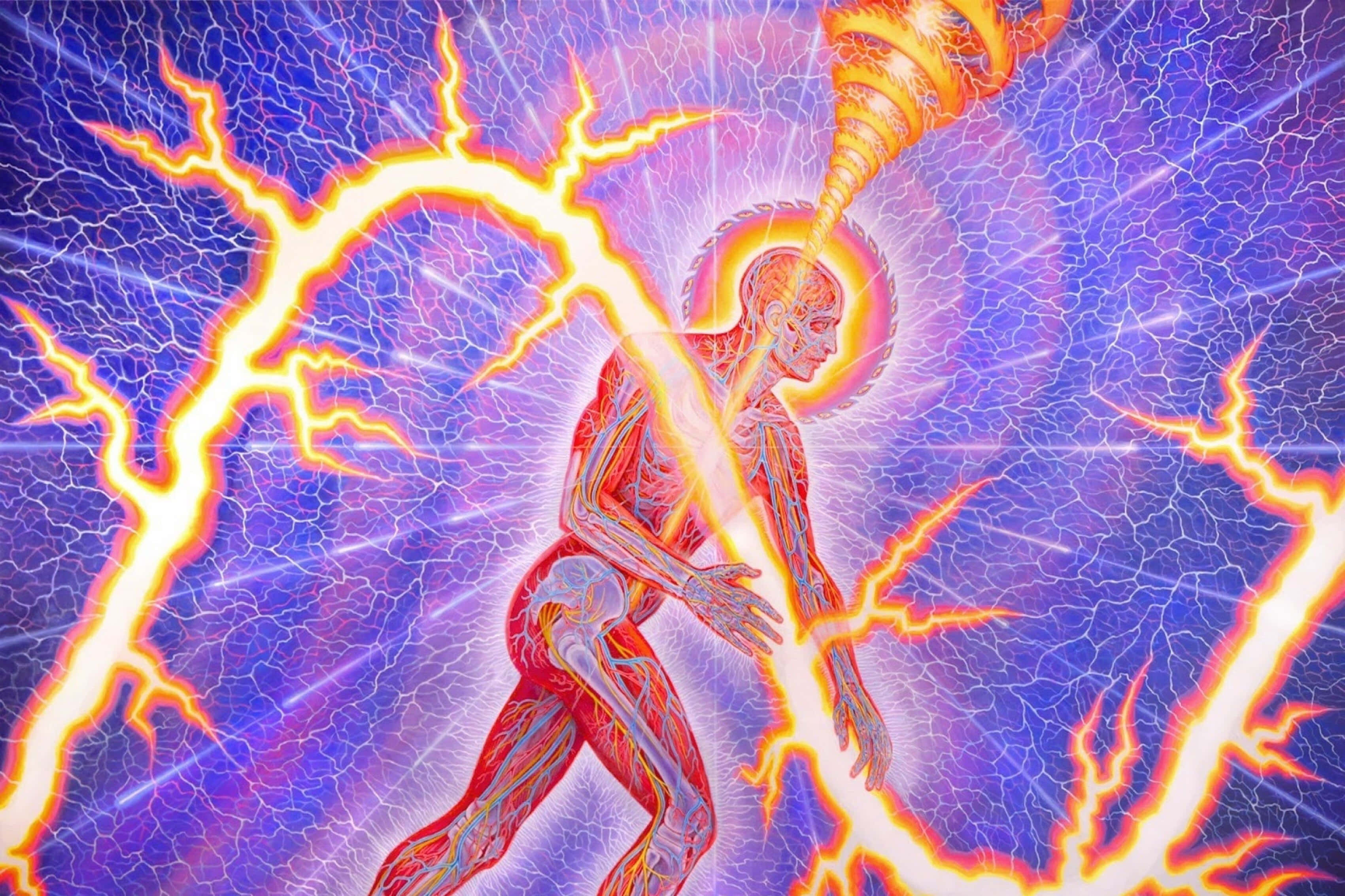 Reiki 桌布 壁紙 — 一個發光的人體，帶有可見的解剖結構，在噼啪作響的紫色背景下通過螺旋渦流引導輻射的橙色能量。