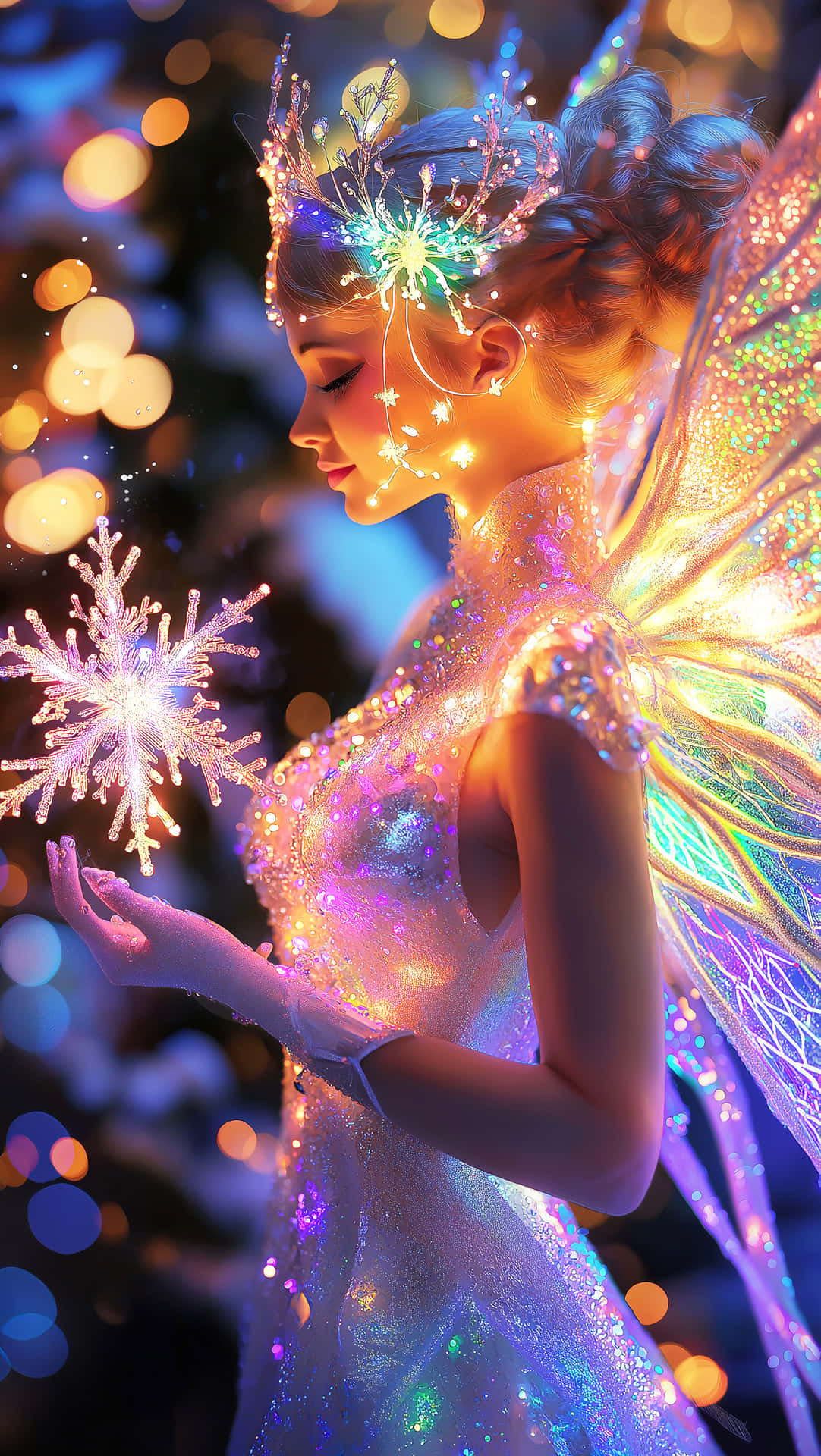 Christmas Wallpapers 壁紙 — 一個發光的仙女，擁有發光的翅膀和光之冠，輕輕地拿著一個閃閃發光的雪花，背景是散景。