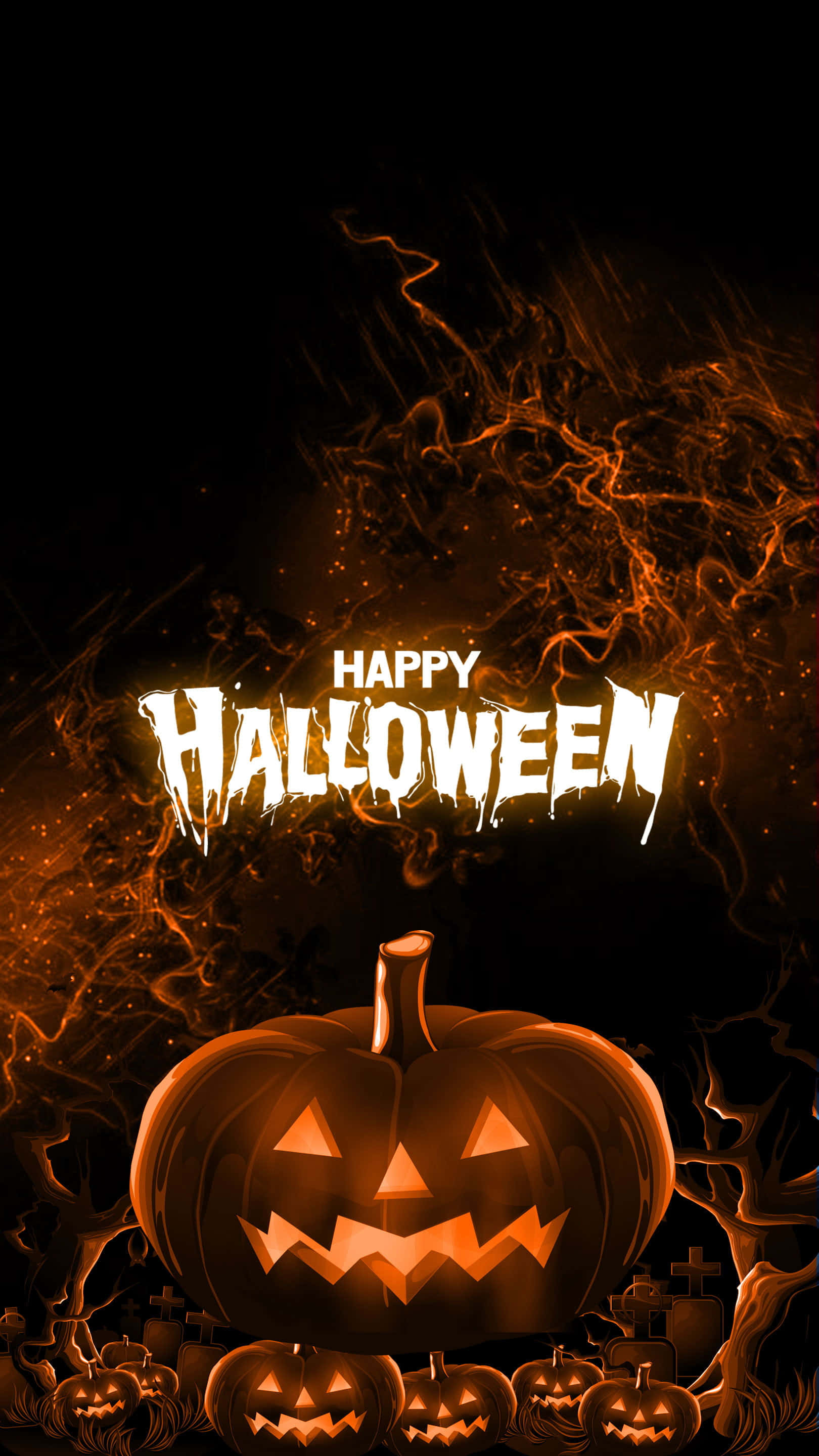 Happy Halloween 桌布 壁紙 — 一個發光的傑克南瓜燈，帶有鋸齒狀的笑容，坐在黑色背景上旋轉的橙色煙霧中，並帶有「HAPPY HALLOWEEN」文字。