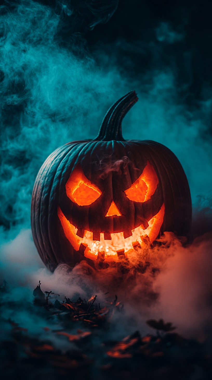 Pumpkin Aesthetic 桌布 壁紙 — 一個發光的傑克南瓜燈，帶有鋸齒狀牙齒和火熱的眼睛，從旋轉的藍色和橙色煙霧中浮現，背景黑暗。