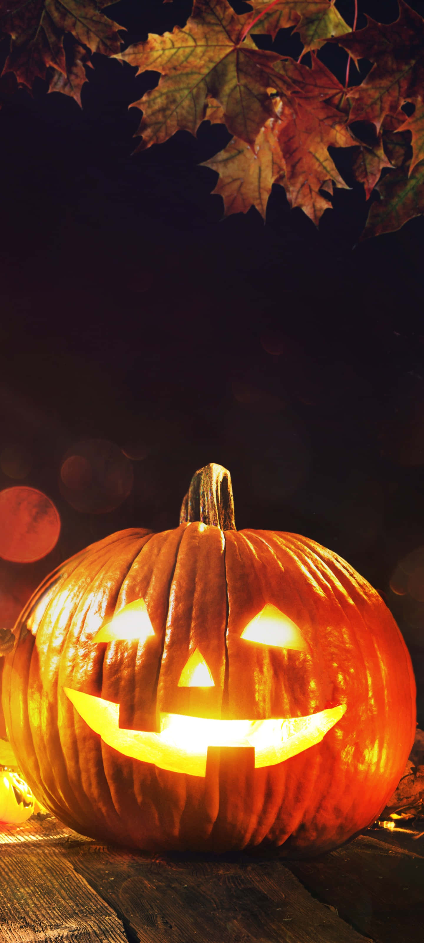 Halloween Phone 桌布 壁紙 — 一個發光的傑克南瓜燈，帶有雕刻的笑容，坐在風化的木頭上，在秋葉下，襯著黑暗的夜空。