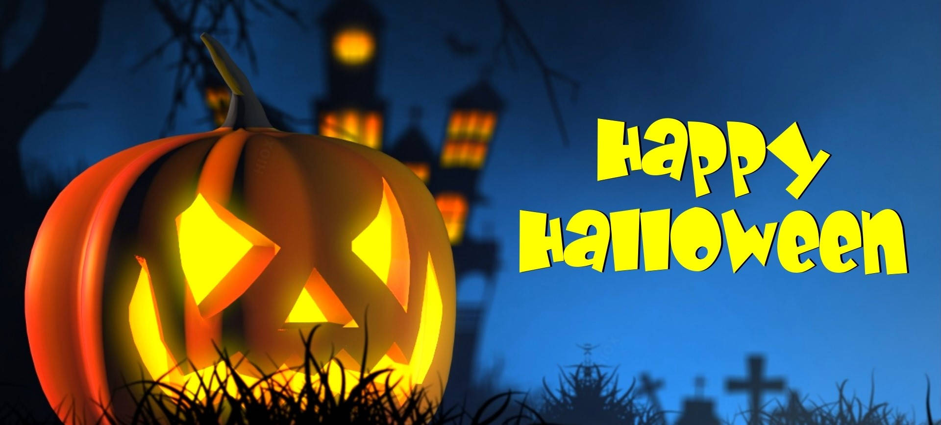 Happy Halloween 桌布 壁紙 — 一個發光的傑克南瓜燈，帶著兇惡的笑容，坐在草地上，背景是深藍色的天空、 haunted 城堡和墓碑。