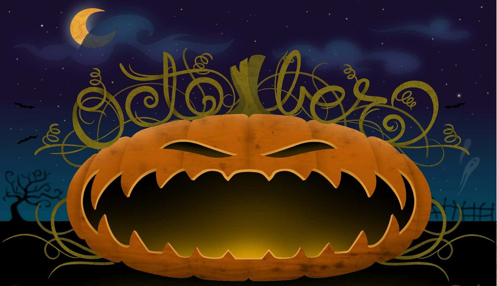 Animated Halloween 桌布 壁紙 — 一個發光的傑克南瓜燈，帶著兇惡的笑容，在彎月下主宰著一個恐怖的萬聖節夜晚。
