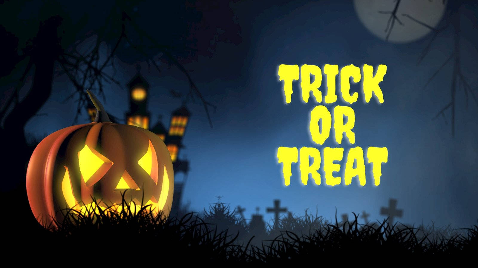 Spooky Season 桌布 壁紙 — 一個發光的傑克南瓜燈，帶著兇惡的笑容，坐在滿月下的鬼屋前的草地上，並有「TRICK OR TREAT」文字。
