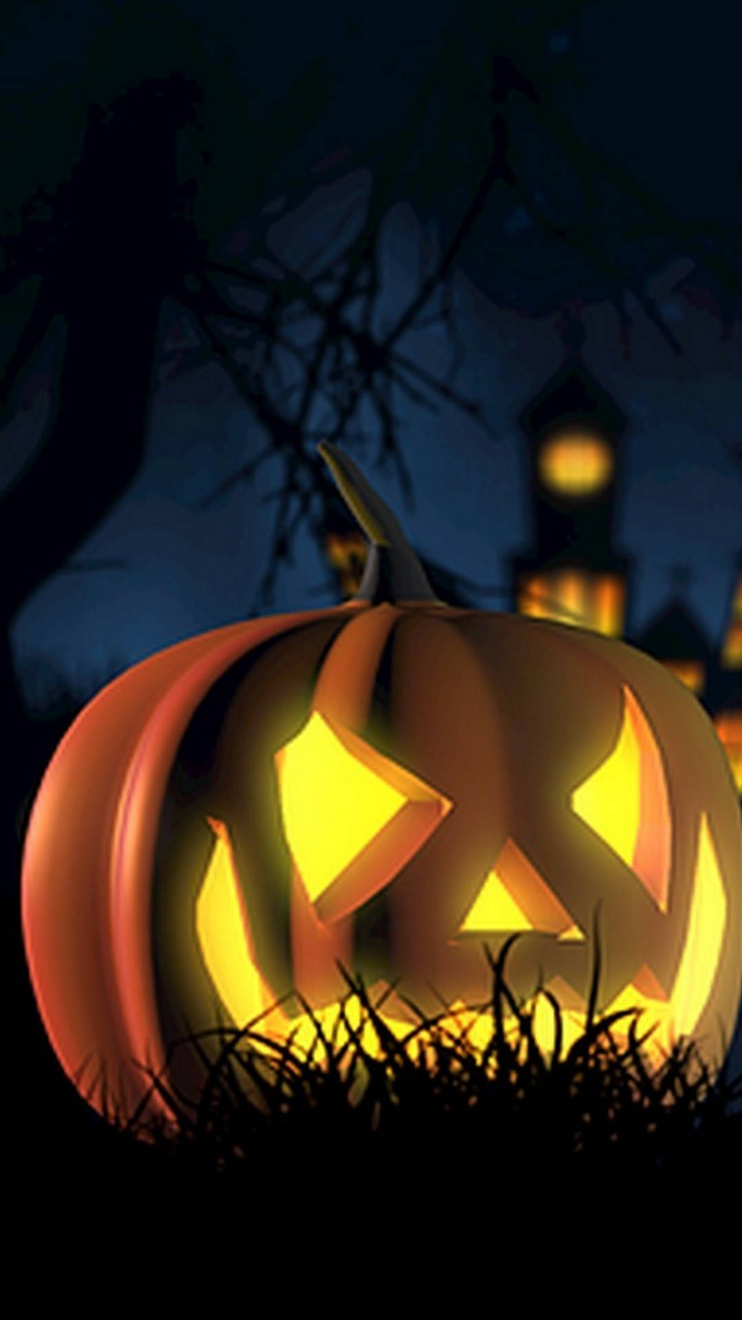 Spooky Aesthetic 桌布 壁紙 — 一個發光的傑克南瓜燈，帶著兇惡的笑容，坐在草地上，背景是黑暗的夜空、剪影樹木和一座鬼屋。