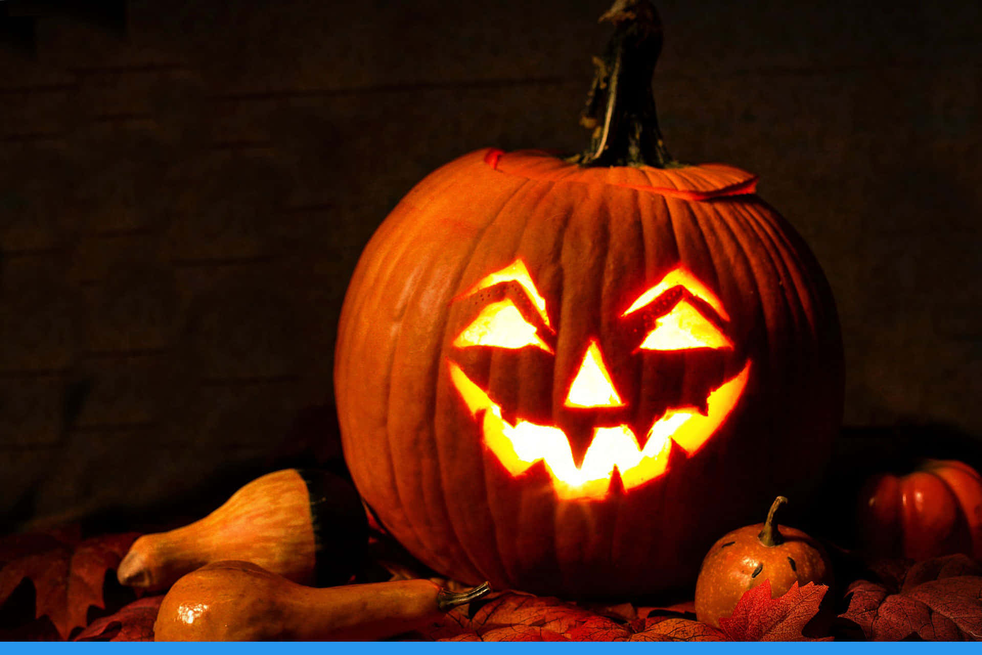 Jack O Lantern 桌布 壁紙 — 一個發光的傑克南瓜燈，帶著兇惡的笑容，坐在昏暗光線中，周圍環繞著秋葉和南瓜。