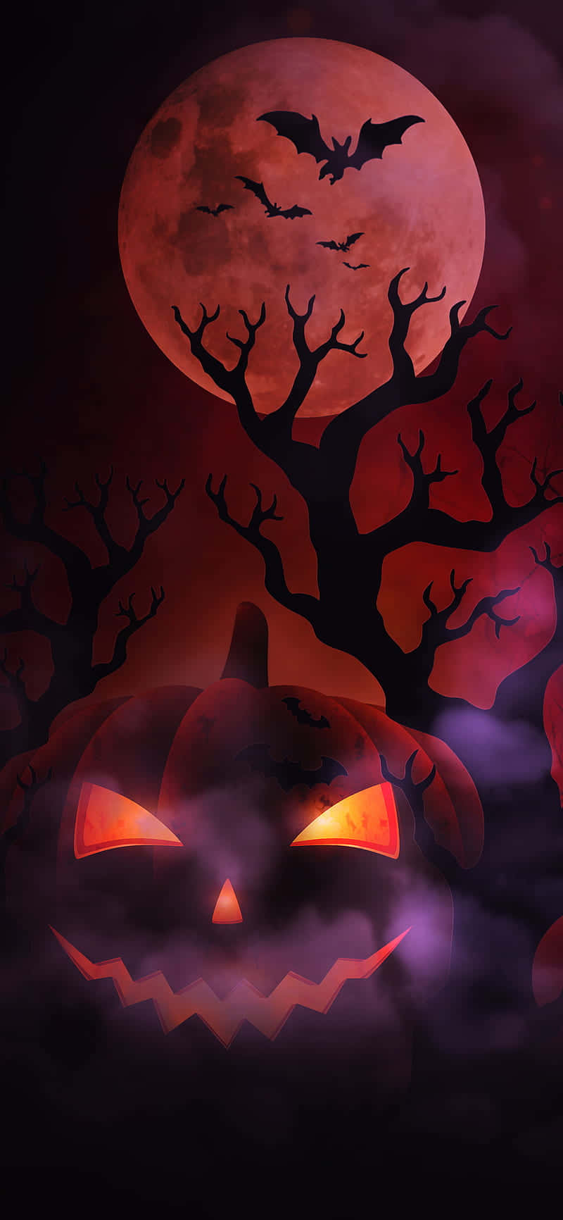 Pumpkin 桌布 壁紙 — 一個發光的傑克南瓜燈，帶著鋸齒狀的笑容，坐在扭曲的樹木下，背景是血紅色的月亮和飛翔的蝙蝠。