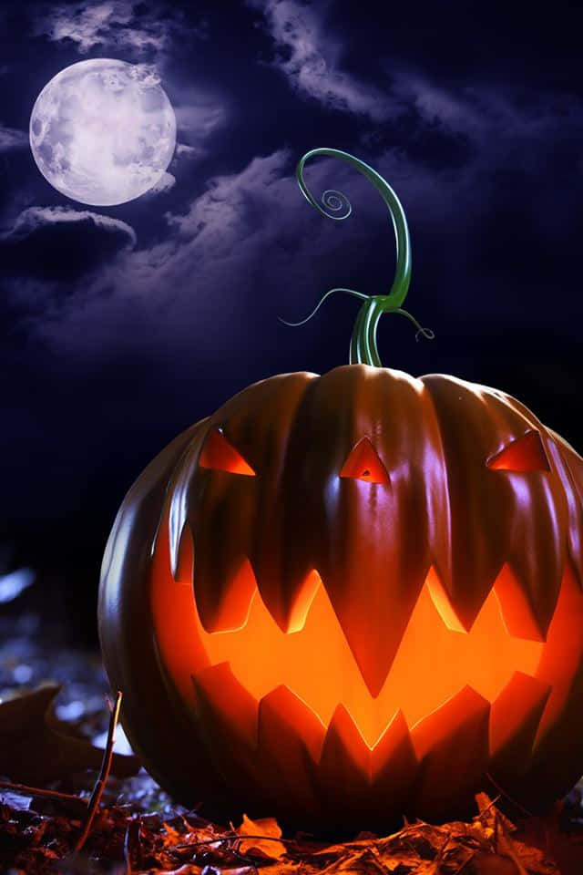 Pumpkin 桌布 壁紙 — 一個發光的傑克南瓜燈，帶著鋸齒狀的笑容，坐在滿月下的落葉上，背景是黑暗的夜空。