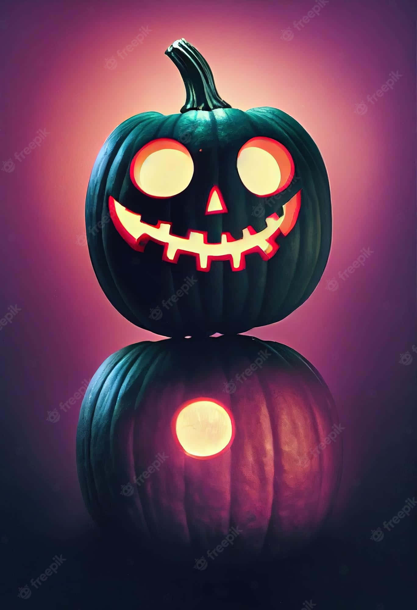 Neon Halloween 桌布 壁紙 — 一個發光的傑克南瓜燈，有著寬闊的笑容和圓圓的眼睛，坐在其倒影之上，背景是漸變紫色。