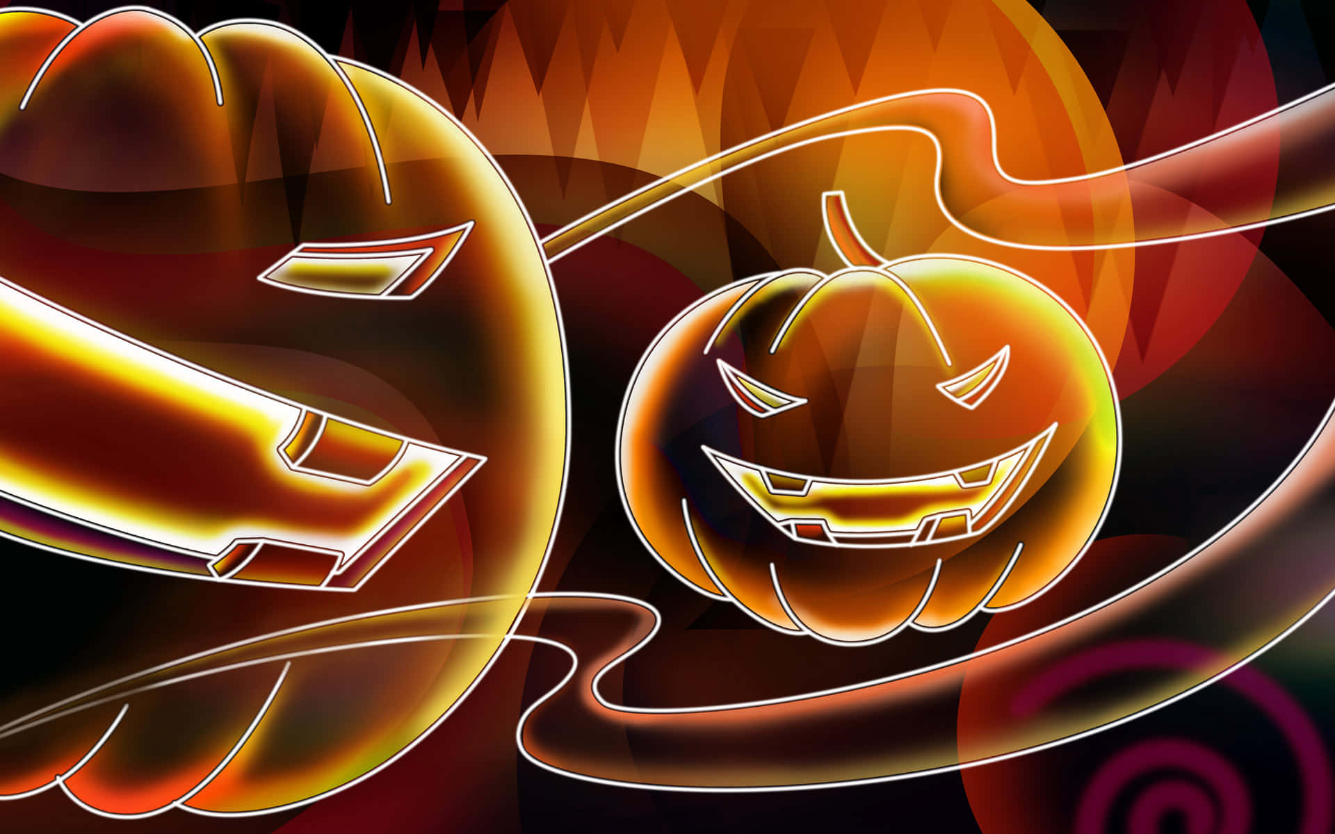 Neon Halloween 桌布 壁紙 — 一個發光的傑克南瓜燈，有著寬闊的笑容和鋒利的牙齒，漂浮在帶有霓虹輪廓的旋轉橙色和紅色抽象形狀之間。
