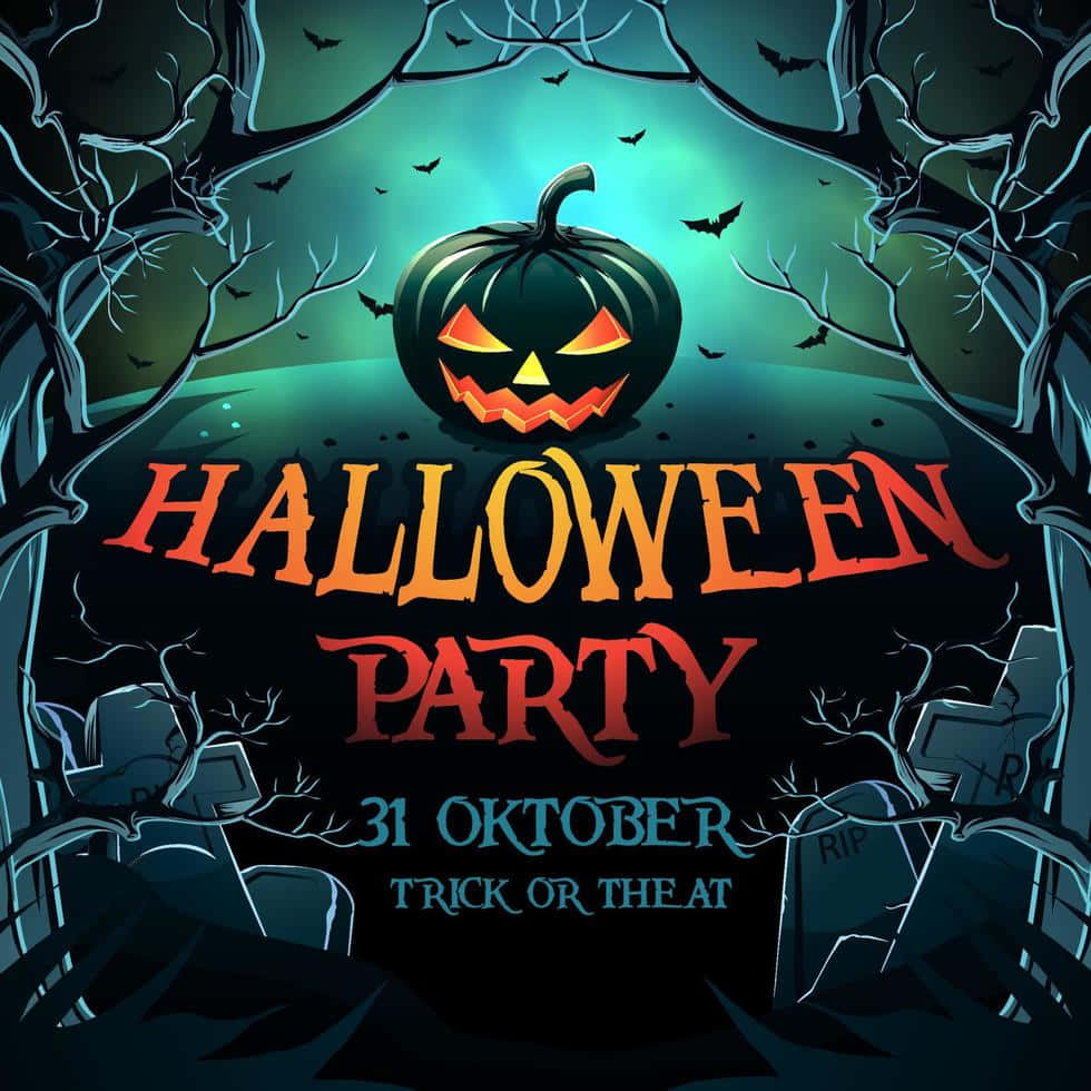 Halloween Party 桌布 壁紙 — 一個發光的傑克南瓜燈，有著火熱的眼睛，坐在一個被扭曲樹木環繞的陰森墓地裡，背景是帶有飛蝙蝠的藍綠色天空。