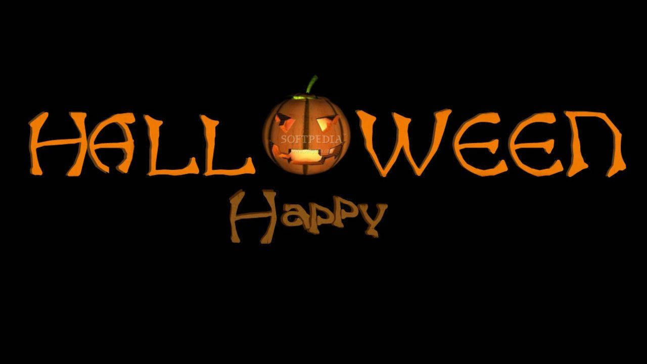 Dark Halloween 桌布 壁紙 — 一個發光的傑克南瓜燈取代了「HALLOWEEN」中的「O」，以火熱的橙色文字顯示在黑色背景上。