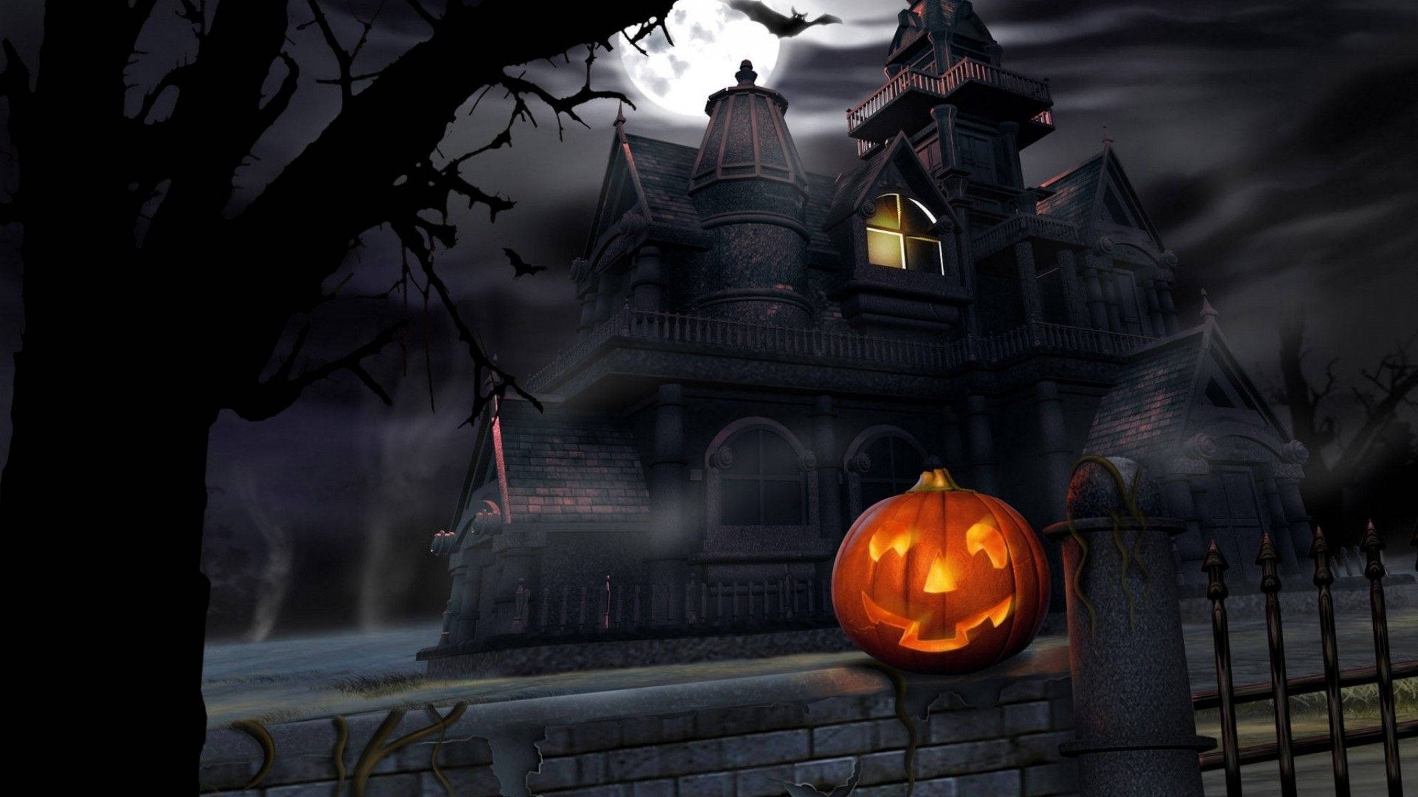 Dark Halloween 桌布 壁紙 — 一個發光的傑克南瓜燈坐在滿月下蝙蝠飛舞的陰森鬼屋前。