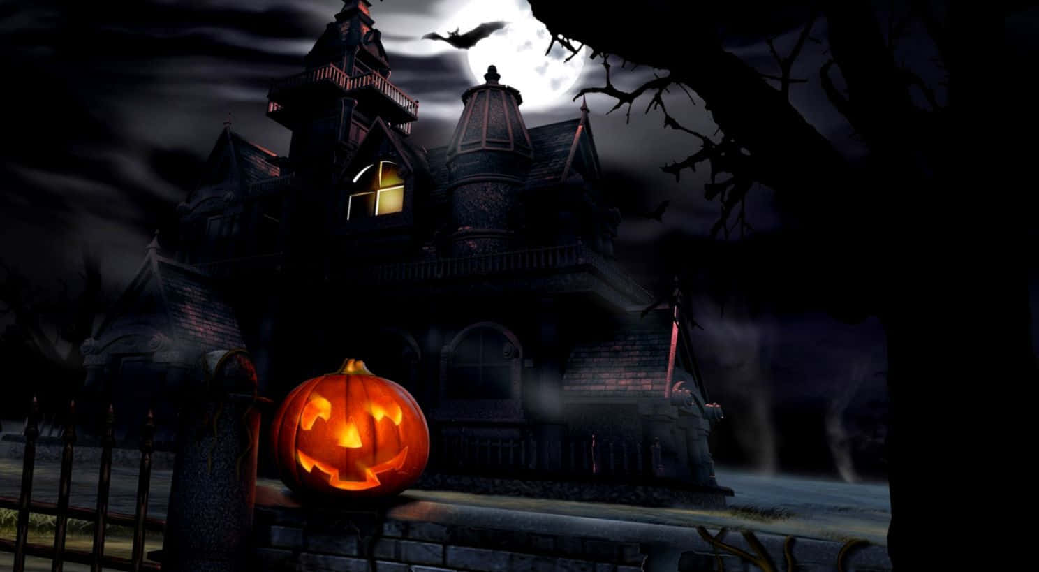 Scary Halloween Desktop 桌布 壁紙 — 一個發光的傑克南瓜燈坐在滿月下蝙蝠飛舞的陰森鬼屋前。