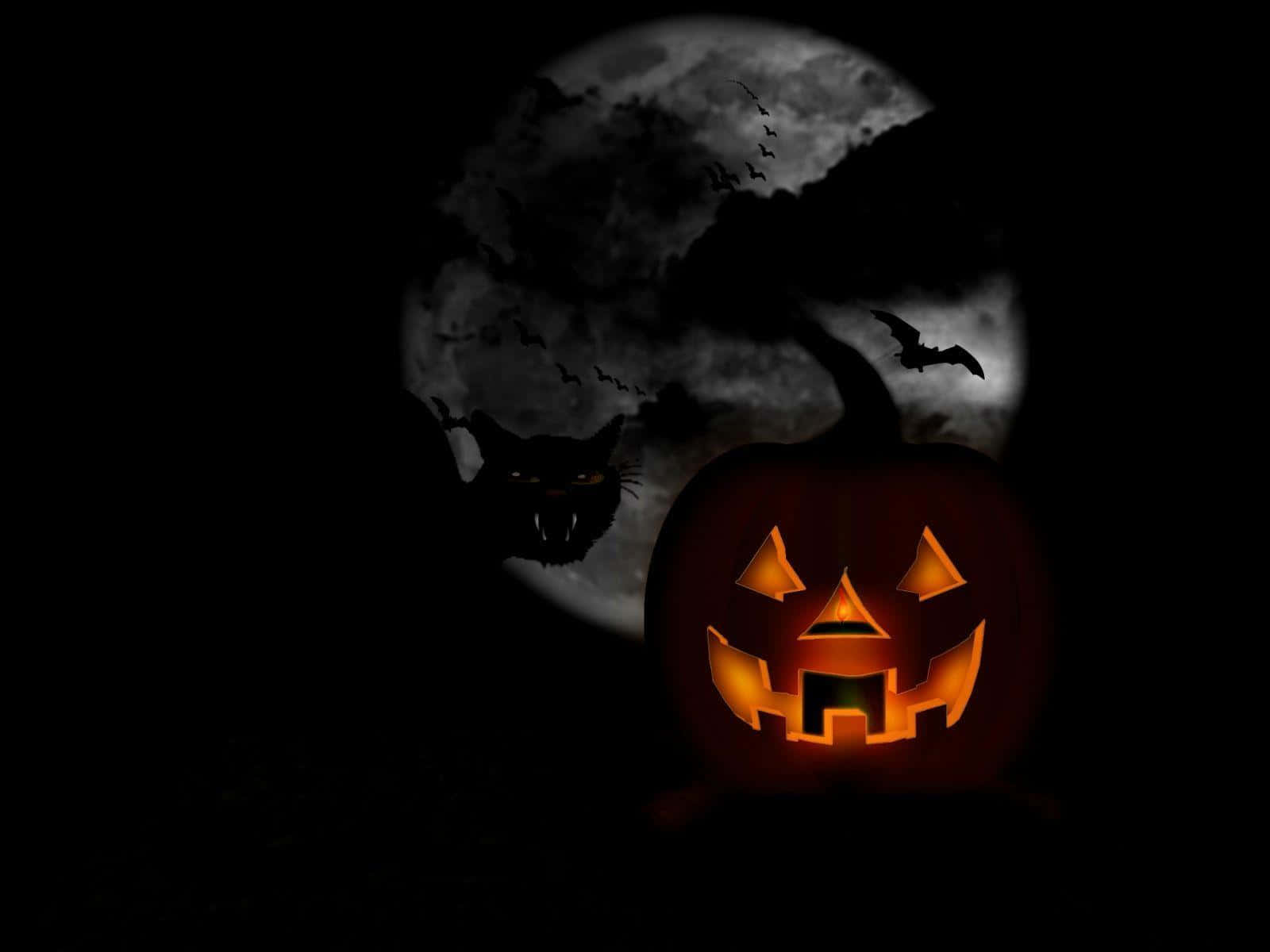 Trick-or-treaters 桌布 壁紙 — 一個發光的傑克南瓜燈帶著邪惡的笑容站在滿月前，蝙蝠和一隻黑貓在夜空中飛翔。