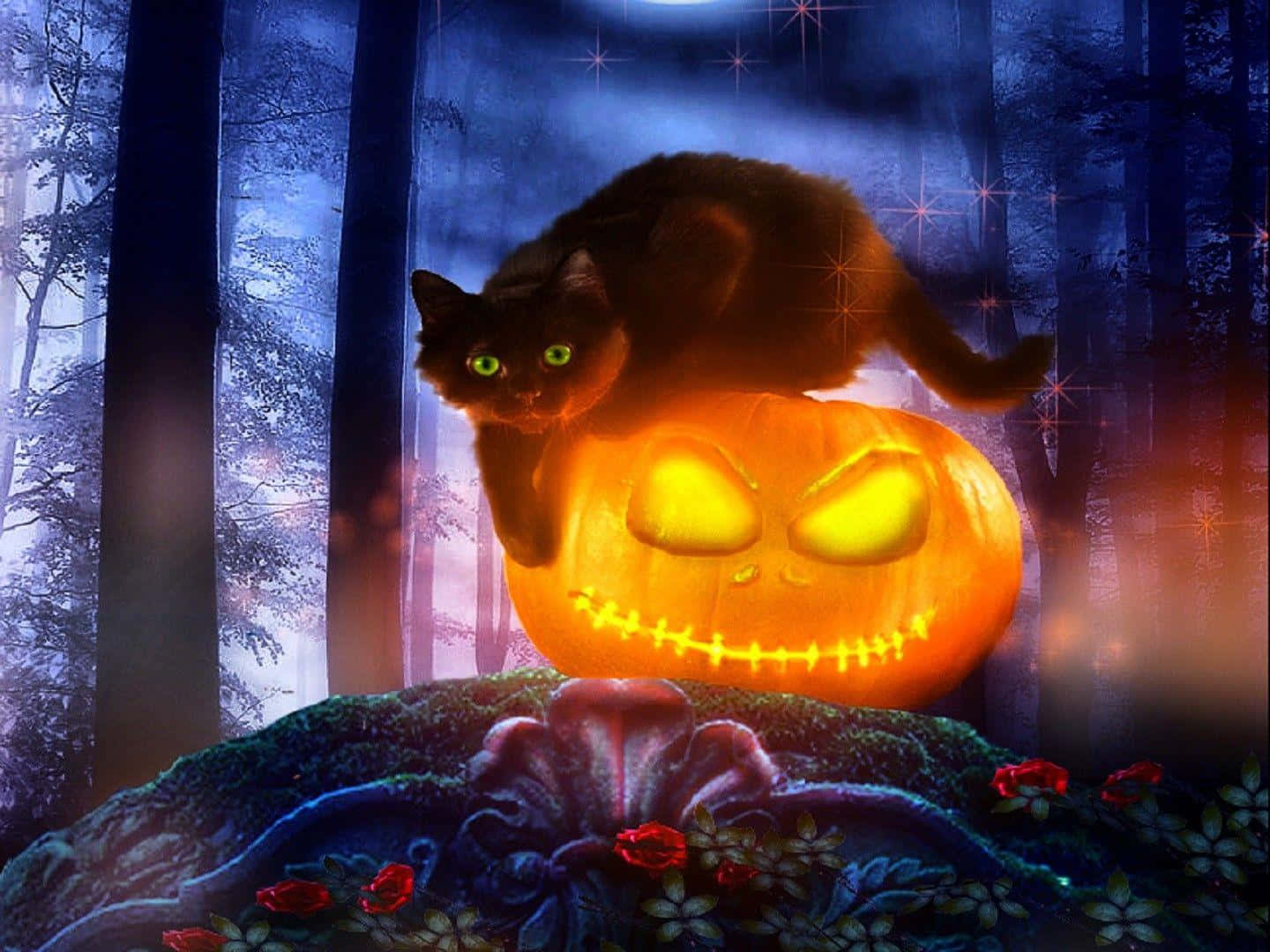 Black Cat Halloween 桌布 壁紙 — 一個發光的傑克南瓜燈帶著陰險的笑容坐在迷霧森林中，一隻發光眼睛的黑貓棲息在上面。